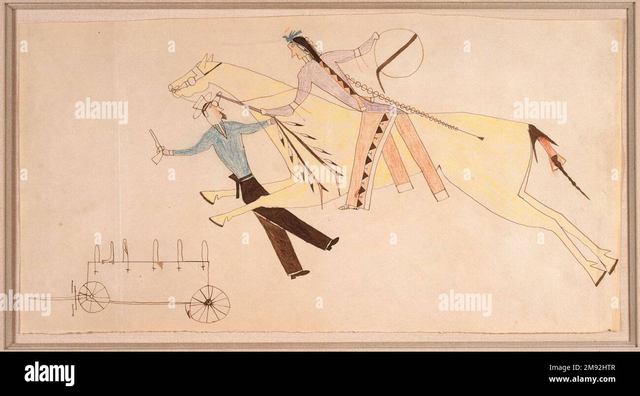 Buchzeichnung Wahrscheinlich Cheyenne. , Ca. 1890" Tinte, Buntstift, Papier, 6 7/8 x 13 3/8in. (17,5 x 34cm). Die Indianerkriege wurden als Gold und Land dargestellt, die nicht-indianische Siedler nach Westen lockten. Die Indianer kämpften in heftigen Kämpfen mit den USA für ihre Heimat Armee, wie hier abgebildet. Regierungspogrome versuchten, die einheimischen Völker auszulöschen, indem sie bewusst Krankheiten verbreiteten und die lebenserhaltenden Büffel und einheimischen Schafe töteten. Einheimische Krieger, die ihre Schlachten in den 1800er Jahren traditionell auf Häuserhemden und Tipi-Trägern dargestellt hatten, wählten gemeinsam Bücher von Regierungsagenten, um sie zu zeichnen Stockfoto