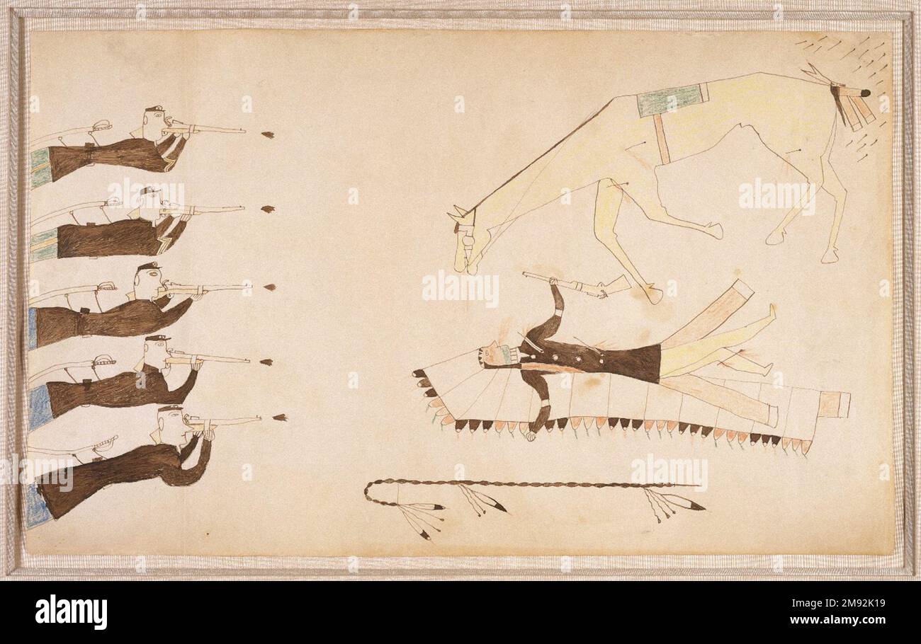 Buchzeichnung Wahrscheinlich Cheyenne. , Ca. 1890" Tinte, Buntstift, Papier, 8 1/2 x 14 Zoll (21,6 x 35,6 cm). Die Indianerkriege wurden als Gold und Land dargestellt, die nicht-indianische Siedler nach Westen lockten. Die Indianer kämpften in heftigen Kämpfen mit den USA für ihre Heimat Armee, wie hier abgebildet. Regierungspogrome versuchten, die einheimischen Völker auszulöschen, indem sie bewusst Krankheiten verbreiteten und die lebenserhaltenden Büffel und einheimischen Schafe töteten. Einheimische Krieger, die ihre Schlachten in den 1800er Jahren traditionell auf Häuserhemden und Tipi-Trägern dargestellt hatten, wählten gemeinsam Bücher von Regierungsagenten, um sie zu zeichnen Stockfoto