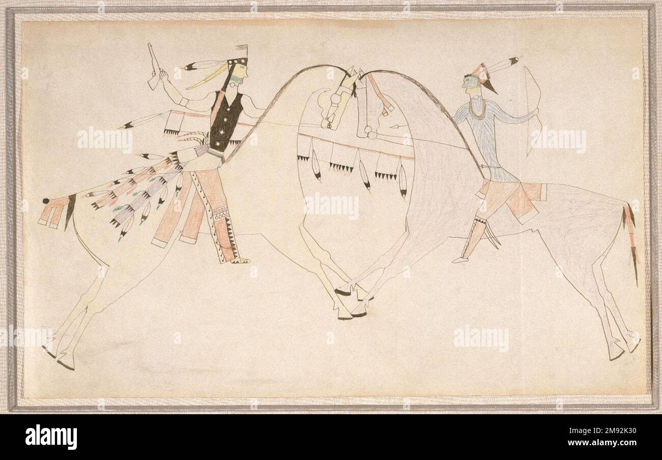 Buchzeichnung Wahrscheinlich Cheyenne. , Ca. 1890" Tinte, Buntstift, Papier, 8 1/2 x 14 Zoll (21,6 x 35,6 cm). Die Indianerkriege wurden als Gold und Land dargestellt, die nicht-indianische Siedler nach Westen lockten. Die Indianer kämpften in heftigen Kämpfen mit den USA für ihre Heimat Armee, wie hier abgebildet. Regierungspogrome versuchten, die einheimischen Völker auszulöschen, indem sie bewusst Krankheiten verbreiteten und die lebenserhaltenden Büffel und einheimischen Schafe töteten. Einheimische Krieger, die ihre Schlachten in den 1800er Jahren traditionell auf Häuserhemden und Tipi-Trägern dargestellt hatten, wählten gemeinsam Bücher von Regierungsagenten, um sie zu zeichnen Stockfoto