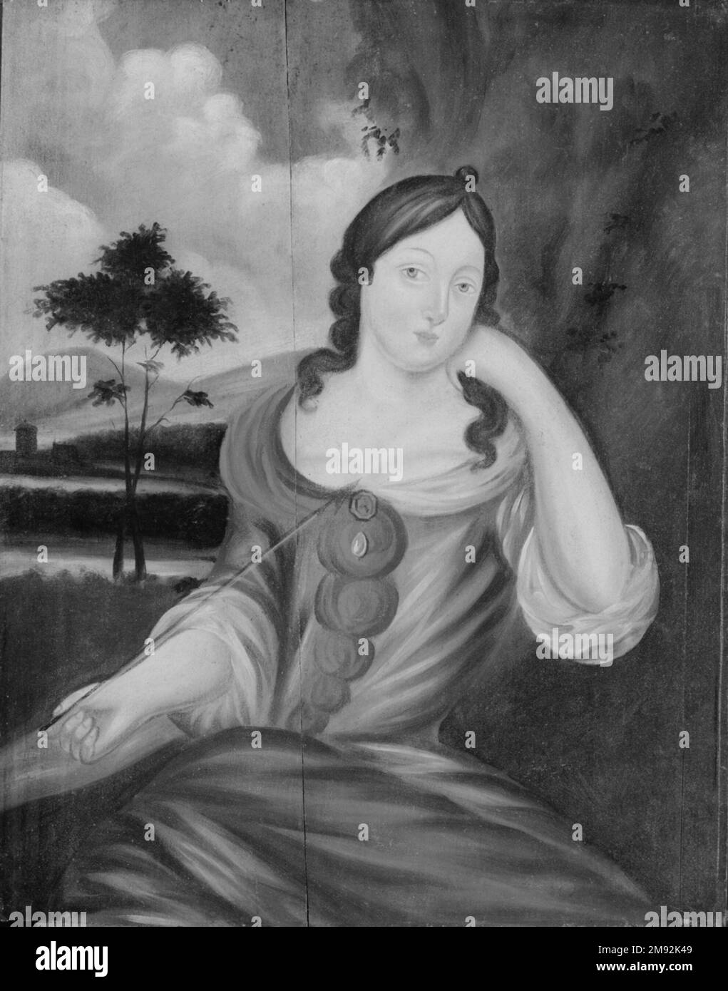 Lady mit einem Arrow Amerikaner. , Ca. 1715. Öl auf Holzplatte, 26 3/8 x 21 1/16 Zoll (67 x 53,5 cm). Im Gegensatz zu den anderen Gemälden in dieser Galerie ist dieses Werk kein Porträt. Stattdessen handelt es sich um einen Bildtyp, der als Allegorie oder symbolische Figur bezeichnet wird. Der Pfeil, den die Frau hält, bezieht sich auf das Glück der Liebe. In den niederländischen Kolonialheimen in New York und im Hudson Valley waren verschiedene bemalte Motive häufiger anzutreffen als in anderen Kolonialhaushalten. Dieser vielfältige Geschmack wurde von den holländischen kulturellen Traditionen inspiriert, die zwei Jahrhunderte lang die Produktion und Ausstellung von Landschaften gepriesen hatten Stockfoto