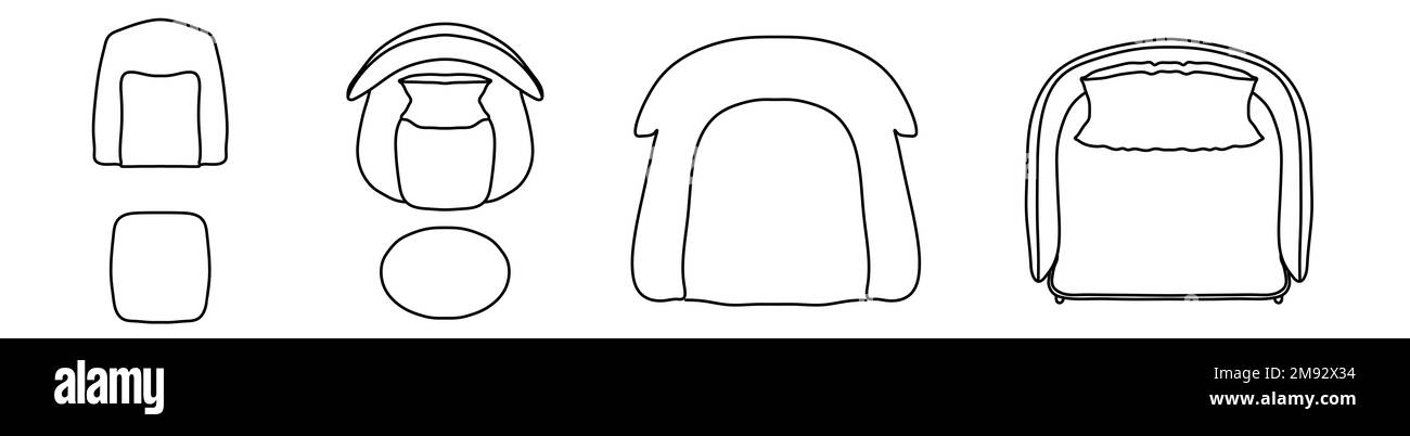 Konzeption oder konzeptionelles Set oder Sammlung von auf Weiß isolierten Sesseln aus verschiedenen Perspektiven. 3D-Darstellung als Metahor für Architektur und Stockfoto