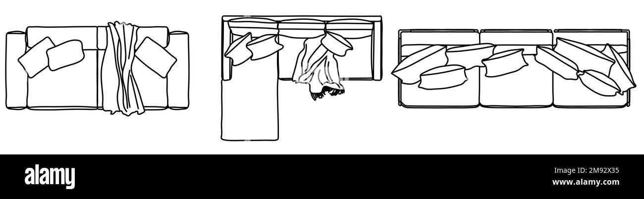 Konzept oder konzeptionelles Set oder Sammlung von Zweisitzersofas aus verschiedenen Perspektiven auf Weiß. 3D-Darstellung als Metahor für Architektur und in Stockfoto