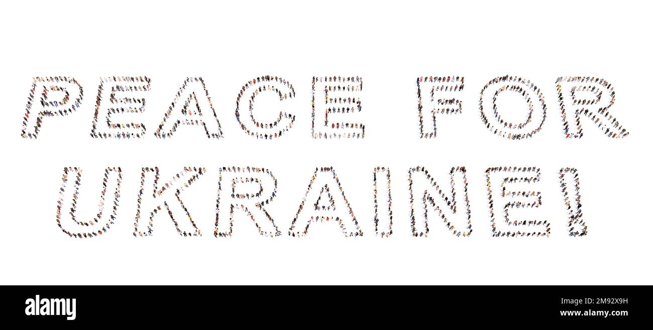 Konzeptionelle große Gemeinschaft von Menschen, die die Botschaft DES FRIEDENS FÜR DIE UKRAINE formulieren. 3D Illustration Metapher für Patriotismus, stoppt den Krieg, Freiheit Stockfoto