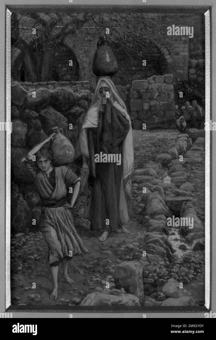 Jesus und seine Mutter am Brunnen (Jésus et sa mère à la fontaine) James Tissot (Französisch, 1836-1902). Jesus und seine Mutter am Brunnen (Jésus et sa mère à la fontaine), 1886-1894. Undurchsichtige Aquarelle über Graphit auf grauem gewebtem Papier, Bild: 8 1/4 x 5 9/16 Zoll (21 x 14,1 cm). Europäische Art. 1886-1894 Stockfoto