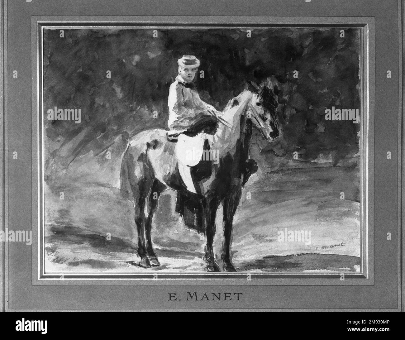 Equestrienne (L'Amazone) Edouard Manet (Französisch, 1832-1883). Die Reitstraße (L'Amazone), ca. 1875-1876. Aquarell und Graphit auf braunem gewebtem Papier, 8 3/16 x 10 5/8 cm (20,8 x 27 cm). In der Mitte des 19. Jahrhunderts bezog sich der Begriff erstaunlich verächtlich auf modische Pariser Frauen, die lieber reiten als in einer Kutsche und dabei elegante Kostüme trugen. Edouard Manet, ein engagierter Beobachter des Pariser Lebens, war besonders auf die Mode der Epoche eingestellt und nahm oft die Freizeitaktivitäten moderner städtischer Frauen zum Thema. In dieser Aquarelle benutzt er Stockfoto