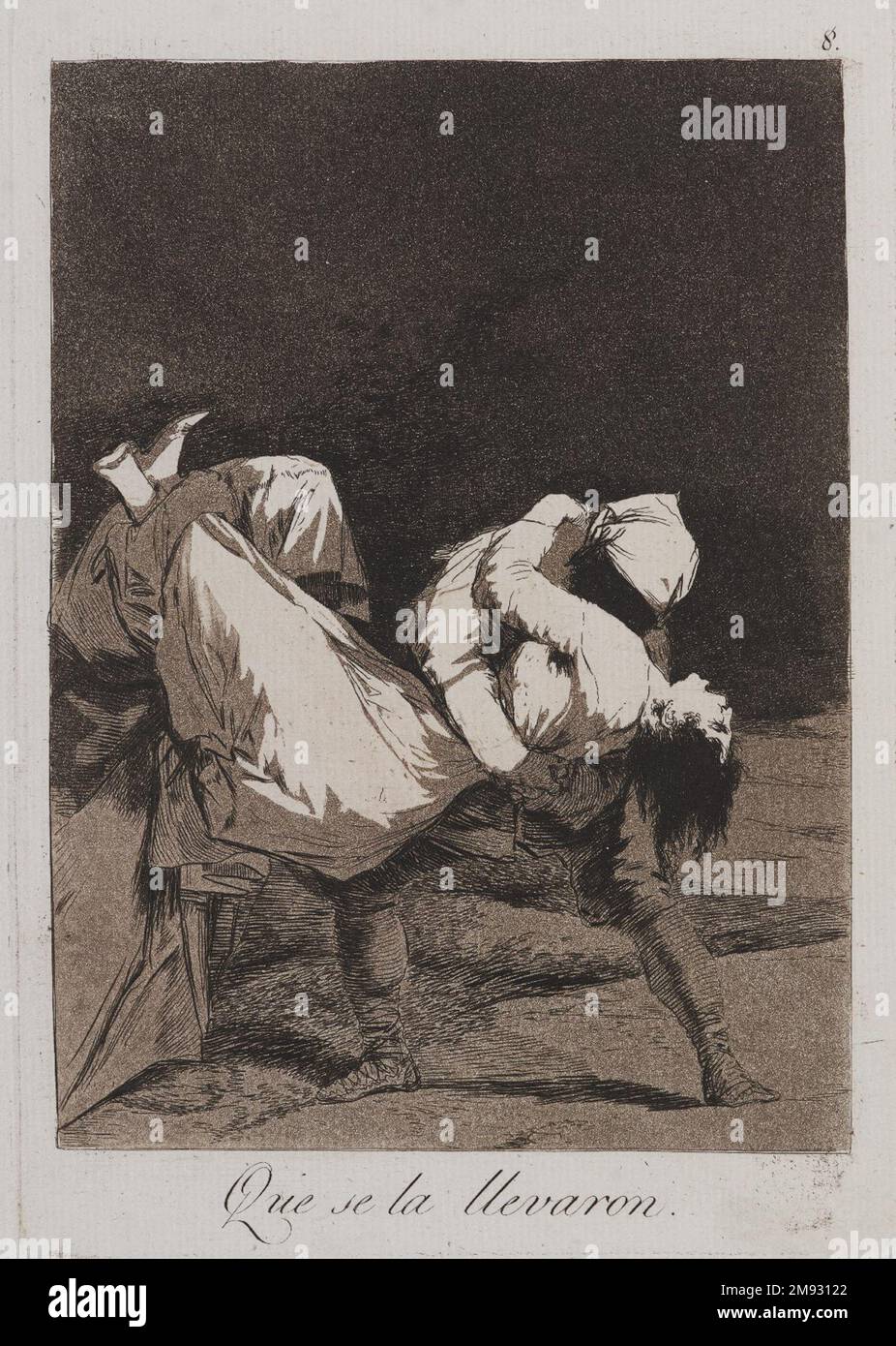 Sie Haben Sie Weggetragen! (Que se la llevaron!) Francisco de Goya y Lucientes (Spanisch, 1746-1828). Sie Haben Sie Weggetragen! (Que se la llevaron!), 1797-1798. Ätzen und Aquatint auf liegendem Papier, Platte: 8 9/16 x 6 cm (21,7 x 15,2 cm). Die Caprices (Los Caprichos) sind eine Reihe von achtzig Radierungen, die zwischen 1797 und 1798 entstanden sind. Hier sind dreizehn Beispiele des seltenen „Probebebestands“ des Brooklyn Museums zu sehen, der aus frühen Eindrücken eines Drucks besteht, den der Künstler vor der veröffentlichten Ausgabe gemacht hat. Im ersten Teil der Serie kritisiert Goya die Charaktere, Institutionen und Werte des Frühlings Stockfoto