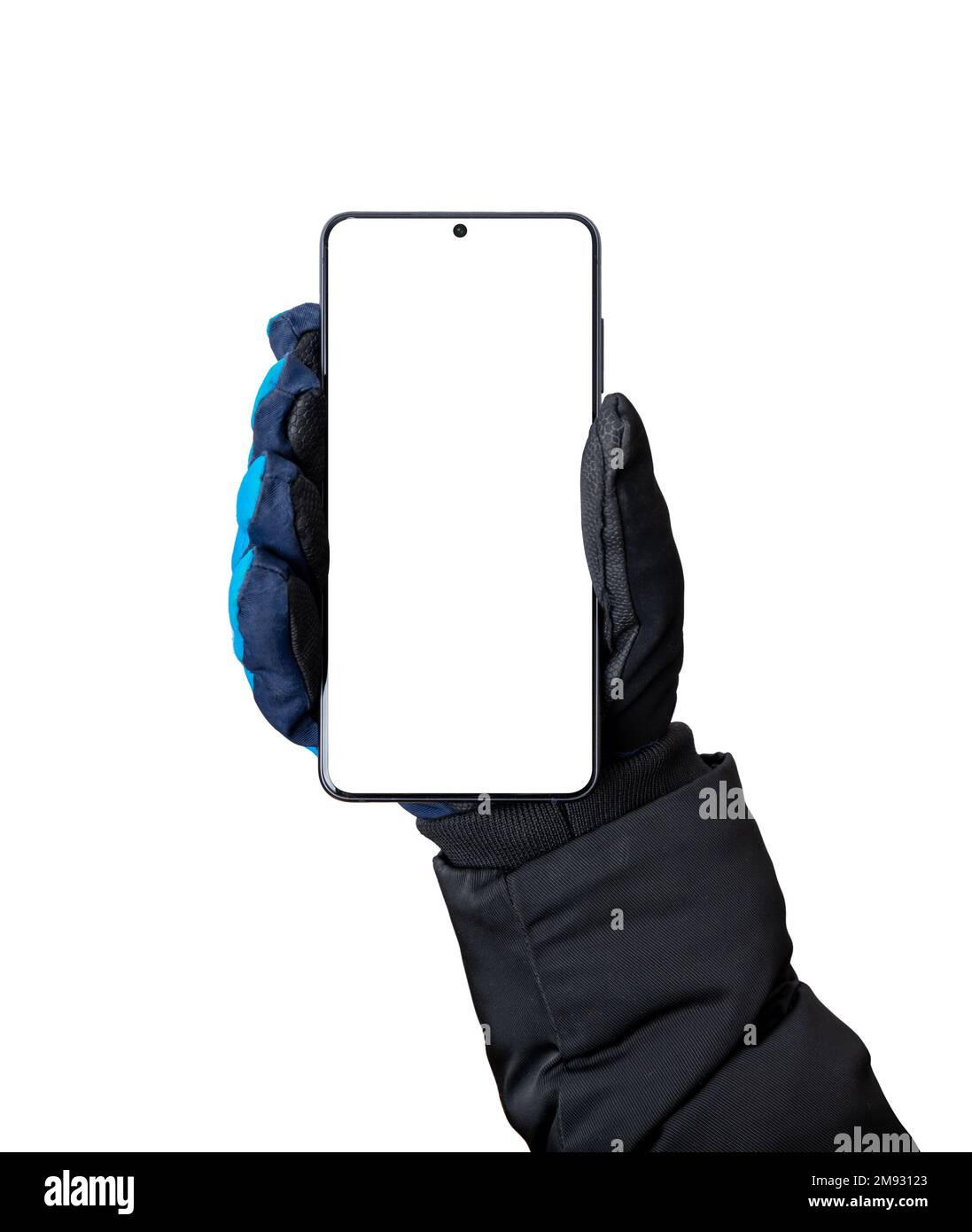 Isoliertes Telefon in der Hand mit Winterhandschuh. Modernes Telefon mit dünnen Kanten und Kamera für App-Präsentationsmodelle. Vertikale Position Stockfoto