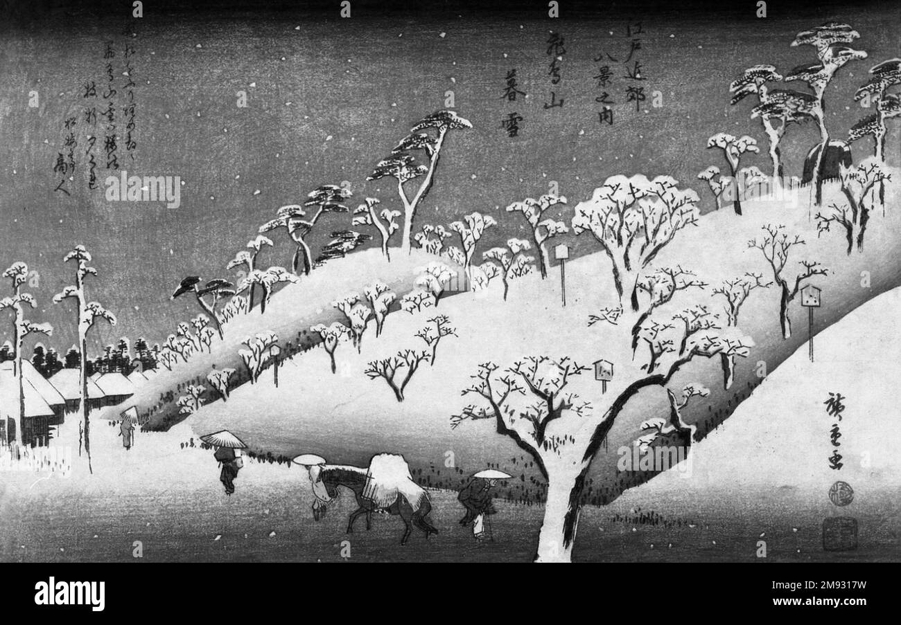 Abendschnee auf dem Berg Asuka (Asukayama no Bosetsu) Utagawa Hiroshige (Ando) (Japanisch, 1797-1858). Abendschnee auf dem Berg Asuka (Asukayama no Bosetsu), ca. 1838. Farbiger Holzblock auf Papier, Blatt: 9 3/16 x 14 1/2 Zoll (23,4 x 36,8 cm). Um die sanften Konturen der Hügel in dieser schönen Darstellung des Themas „Schnee am Abend“ zu erzeugen, verwendete Hiroshige's Drucker eine Technik namens bokashi. Im Gegensatz zu den meisten Holzblockdruckern, bei denen die Tinte gleichmäßig über den Block verteilt wird, um eine gleichmäßige Farbebene zu erhalten, verwendet der Drucker bei dieser Technik Feuchtigkeit und Schlieren, um Körner zu erzeugen Stockfoto