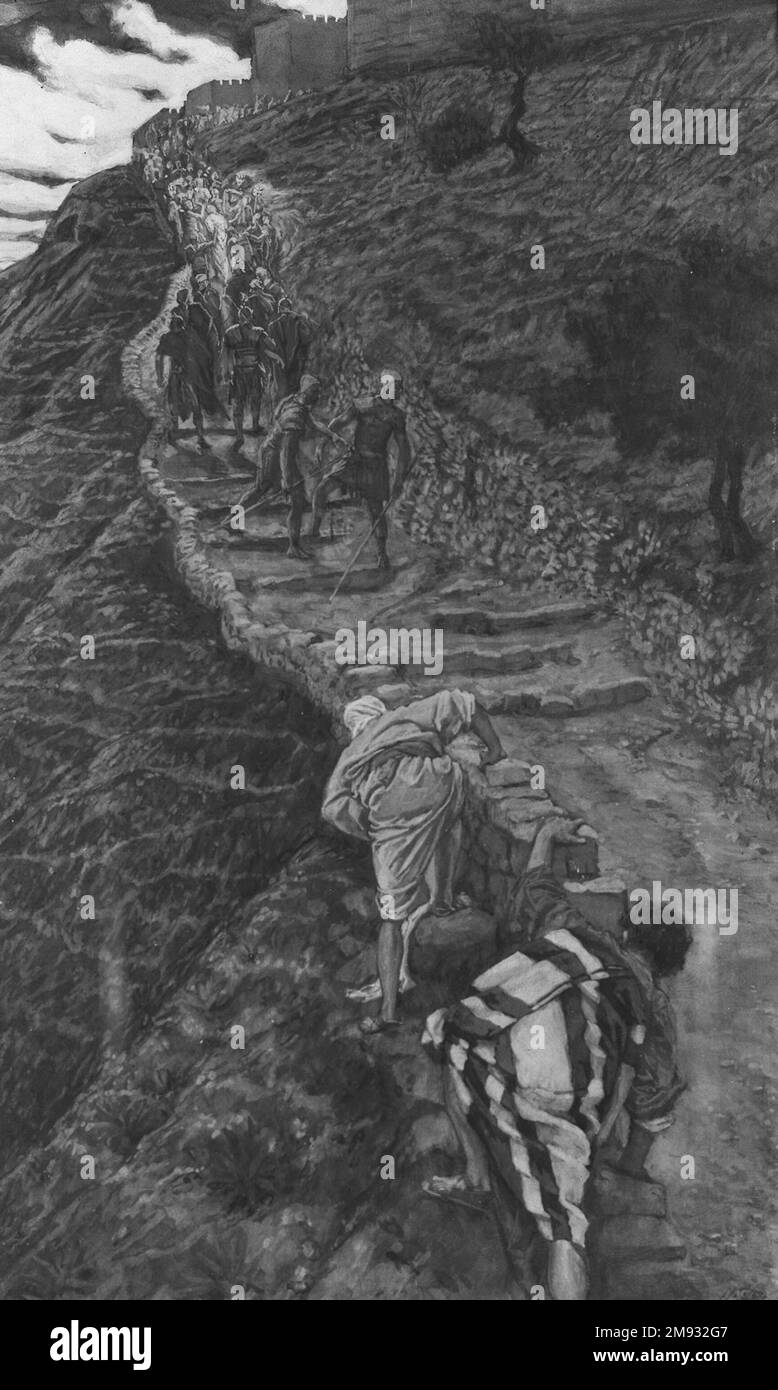 St. Peter und St. John Folgen Sie aus der Ferne (Saint Pierre et Saint Jean suivent de Loin) James Tissot (Französisch, 1836-1902). St. Peter und St. John Folgen Sie aus der Ferne (Saint Pierre et Saint Jean suivent de loin), 1886-1894. Undurchsichtige Aquarelle über Graphit auf grauem gewebtem Papier, Bild: 9 13/16 x 6 1/16 Zoll (24,9 x 15,4 cm). Europäische Art. 1886-1894 Stockfoto