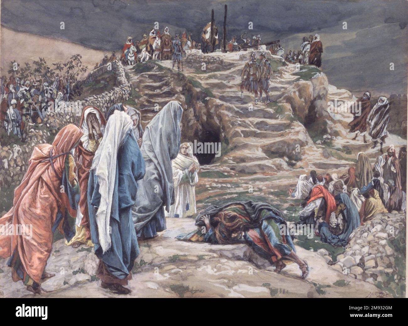 The Holy Women Watch von weitem (Les saintes femmes Obvent de Loin) James Tissot (Französisch, 1836-1902). Die Heilige Frauenwache aus der Ferne (Les saintes femmes Obvent de Loin), 1886-1894. Undurchsichtige Aquarelle über Graphit auf grauem gewebtem Papier, Bild: 6 7/8 x 9 1/4 Zoll (17,5 x 23,5 cm). Europäische Art. 1886-1894 Stockfoto