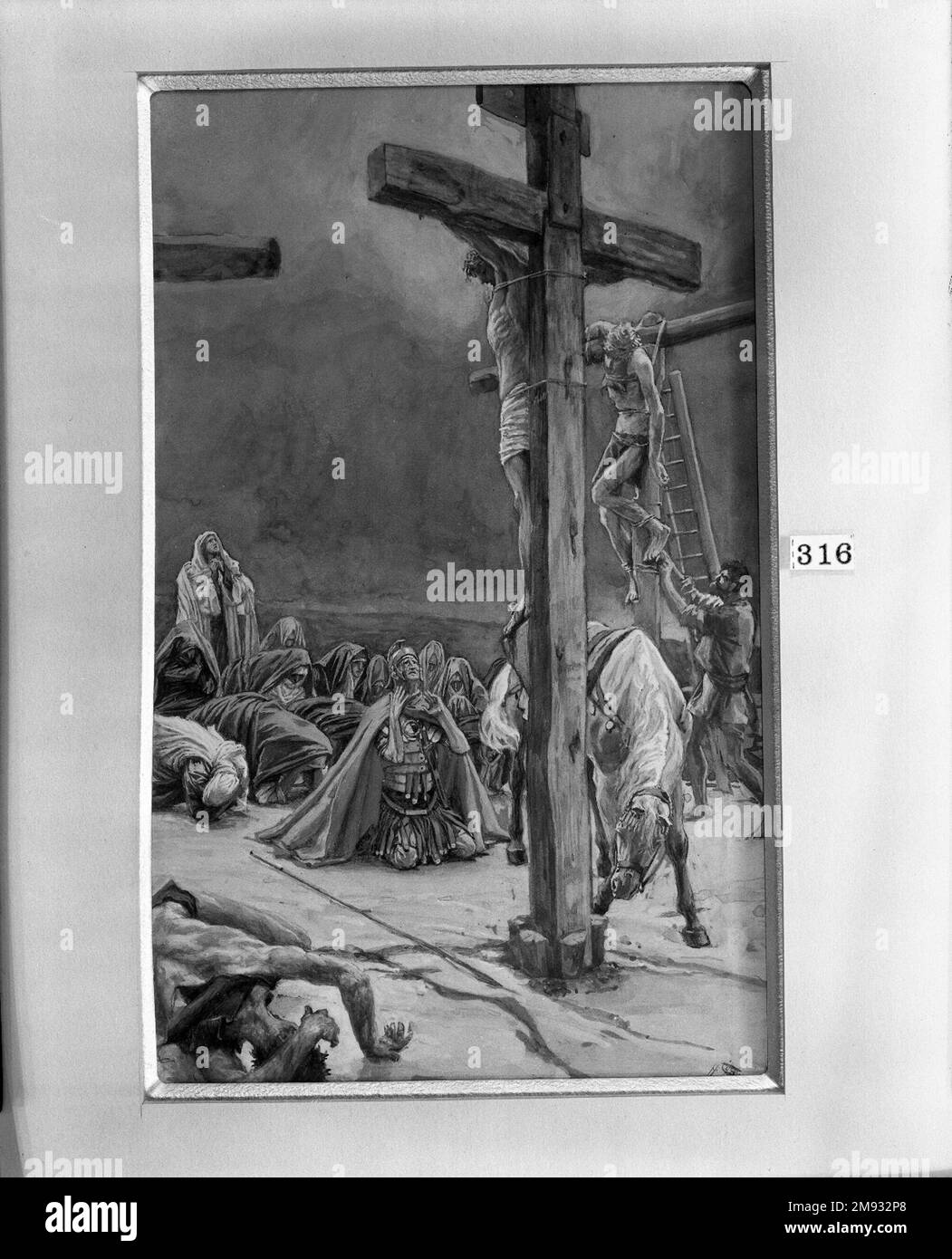 Die Beichte des Heiligen Longinus (Beichte des Heiligen Longin) James Tissot (Französisch, 1836-1902). Die Beichte des Heiligen Longinus (Beichte des Heiligen Longin), 1886-1894. Undurchsichtige Aquarelle über Graphit auf grauem gewebtem Papier, Bild: 8 7/8 x 5 1/2 Zoll (22,5 x 14 cm). Europäische Art. 1886-1894 Stockfoto