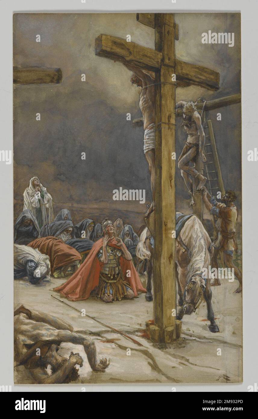 Die Beichte des Heiligen Longinus (Beichte des Heiligen Longin) James Tissot (Französisch, 1836-1902). Die Beichte des Heiligen Longinus (Beichte des Heiligen Longin), 1886-1894. Undurchsichtige Aquarelle über Graphit auf grauem gewebtem Papier, Bild: 8 7/8 x 5 1/2 Zoll (22,5 x 14 cm). Europäische Art. 1886-1894 Stockfoto
