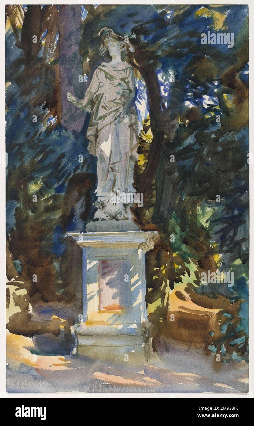 Boboli John Singer Sargent (Amerikaner, geboren in Italien, 1856-1925). Boboli, Ca. 1906. Lichtdurchlässige und lichtundurchlässige Aquarelle mit Graphitunterzeichnung, 18 1/8 x 11 7/16in. (46 x 29,1cm). Sargent fand dieses Thema in den riesigen Boboli-Gärten neben dem Pitti-Palast in Florenz. Genauer gesagt fand er die Skulptur von Igea (eine Allegorie der Gesundheit) entlang der steilen Zypressenstraße, bekannt als Il Viottolone, die 1612 gepflanzt und in regelmäßigen Abständen mit klassischen und Renaissance-Statuen verziert wurde. Ignorieren Sie die dramatische Fahrt hinunter zur sonnenbeleuchteten Piazzale dell’Isolotto (IS) Stockfoto