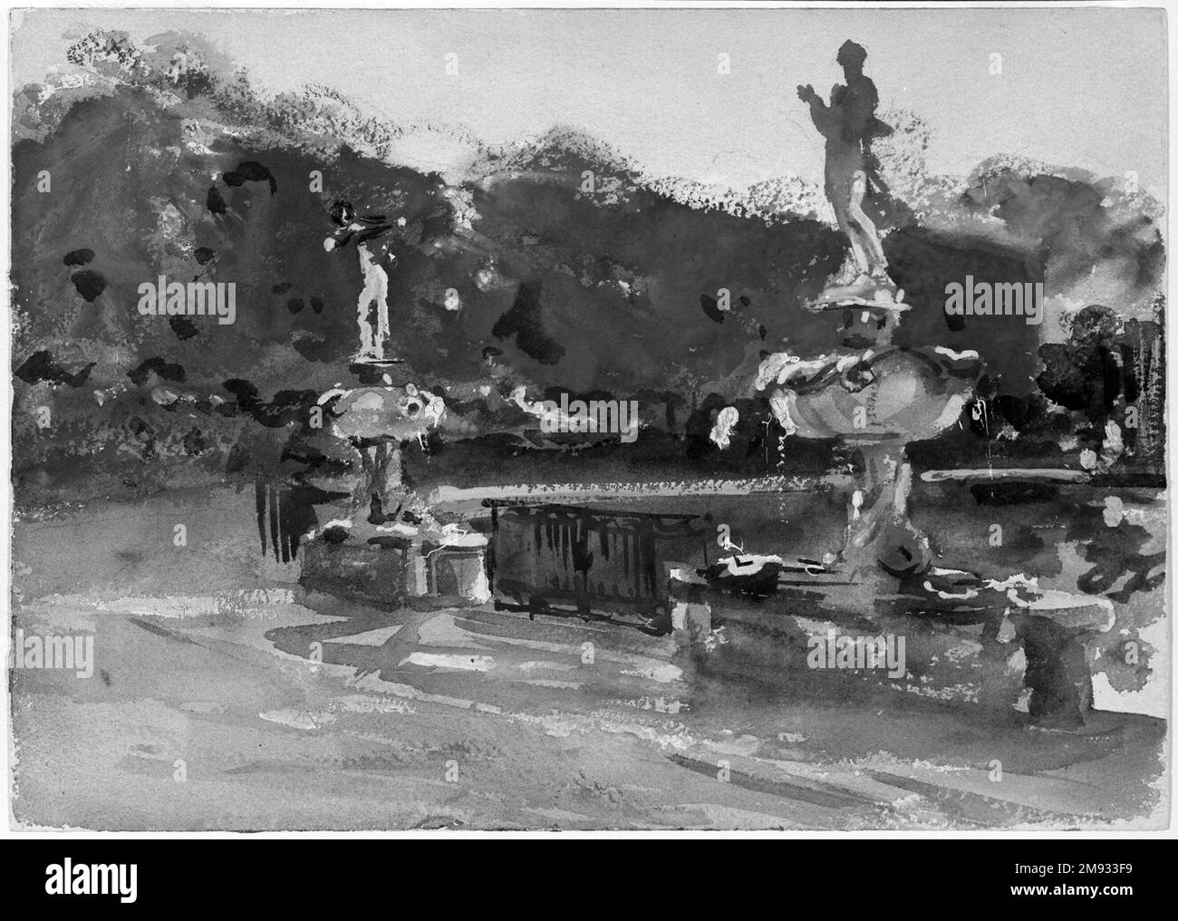 Boboli Gardens John Singer Sargent (Amerikaner, geboren in Italien, 1856-1925). Boboli Gardens, Ca. 1906. Lichtundurchlässige und lichtdurchlässige Aquarelle mit Graphitunterzeichnung, 10 x 14in mm. (25,4 x 35,6cm). Eines der faszinierendsten Merkmale in den Boboli-Gärten ist die Art und Weise, in der Sargent mit Strichen aus weißem Impasto Wasser aus den Brunnen darstellte. Die Aquarelle ist opak gestrichen, wobei die meisten Farben Zinkweiß enthalten. Obwohl es schwer zu erkennen ist, gibt es bei dieser Arbeit eine umfangreiche Graphitunterzeichnung. Die Unterzeichnung des Arms und der Rückseite der Figur am rechten Brunnen nicht Stockfoto