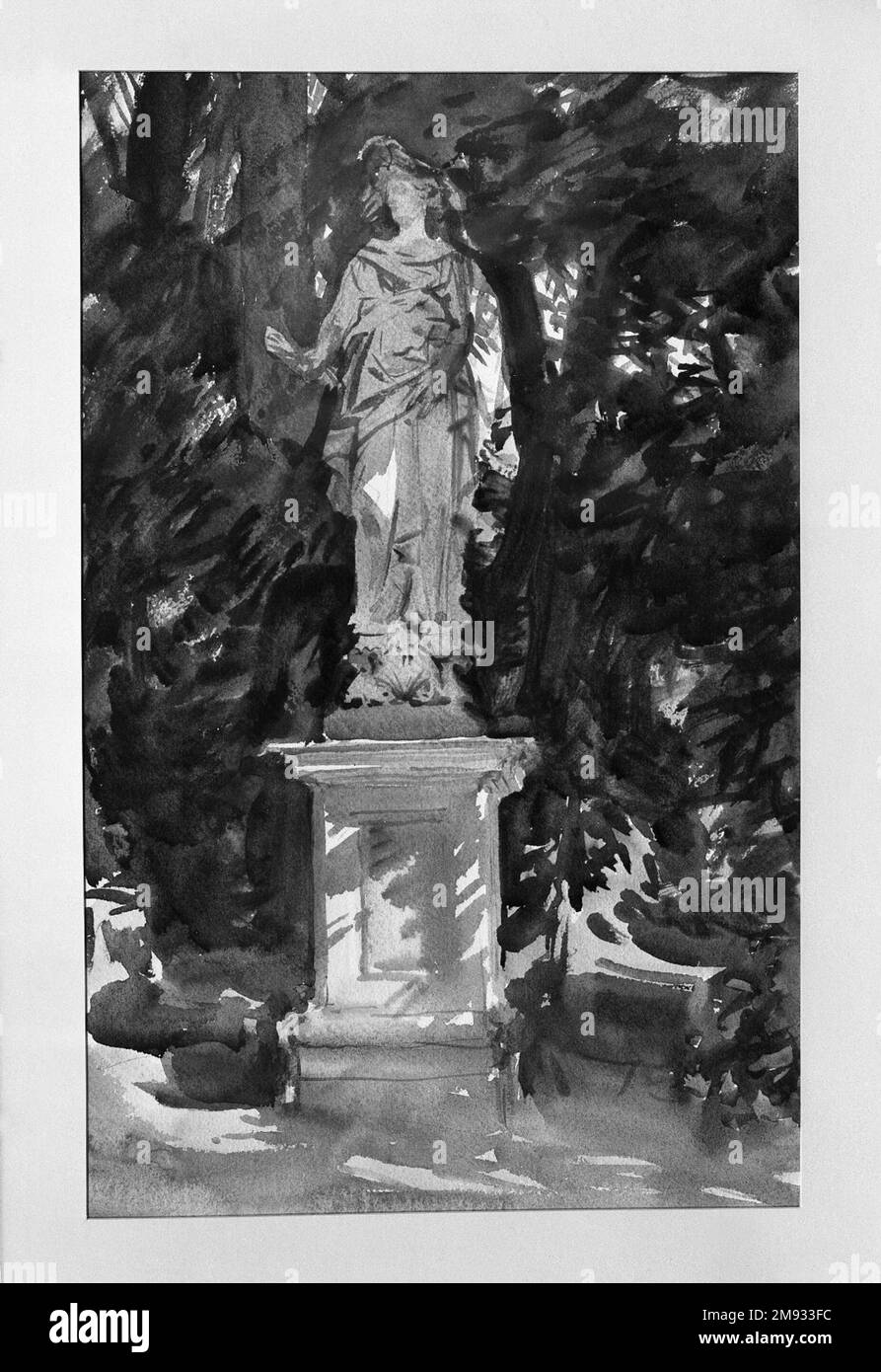 Boboli John Singer Sargent (Amerikaner, geboren in Italien, 1856-1925). Boboli, Ca. 1906. Lichtdurchlässige und lichtundurchlässige Aquarelle mit Graphitunterzeichnung, 18 1/8 x 11 7/16in. (46 x 29,1cm). Sargent fand dieses Thema in den riesigen Boboli-Gärten neben dem Pitti-Palast in Florenz. Genauer gesagt fand er die Skulptur von Igea (eine Allegorie der Gesundheit) entlang der steilen Zypressenstraße, bekannt als Il Viottolone, die 1612 gepflanzt und in regelmäßigen Abständen mit klassischen und Renaissance-Statuen verziert wurde. Ignorieren Sie die dramatische Fahrt hinunter zur sonnenbeleuchteten Piazzale dell’Isolotto (IS) Stockfoto
