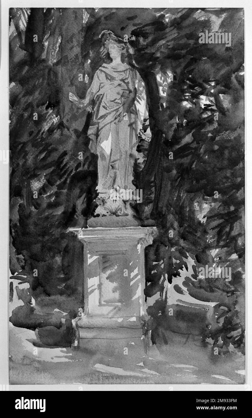Boboli John Singer Sargent (Amerikaner, geboren in Italien, 1856-1925). Boboli, Ca. 1906. Lichtdurchlässige und lichtundurchlässige Aquarelle mit Graphitunterzeichnung, 18 1/8 x 11 7/16in. (46 x 29,1cm). Sargent fand dieses Thema in den riesigen Boboli-Gärten neben dem Pitti-Palast in Florenz. Genauer gesagt fand er die Skulptur von Igea (eine Allegorie der Gesundheit) entlang der steilen Zypressenstraße, bekannt als Il Viottolone, die 1612 gepflanzt und in regelmäßigen Abständen mit klassischen und Renaissance-Statuen verziert wurde. Ignorieren Sie die dramatische Fahrt hinunter zur sonnenbeleuchteten Piazzale dell’Isolotto (IS) Stockfoto