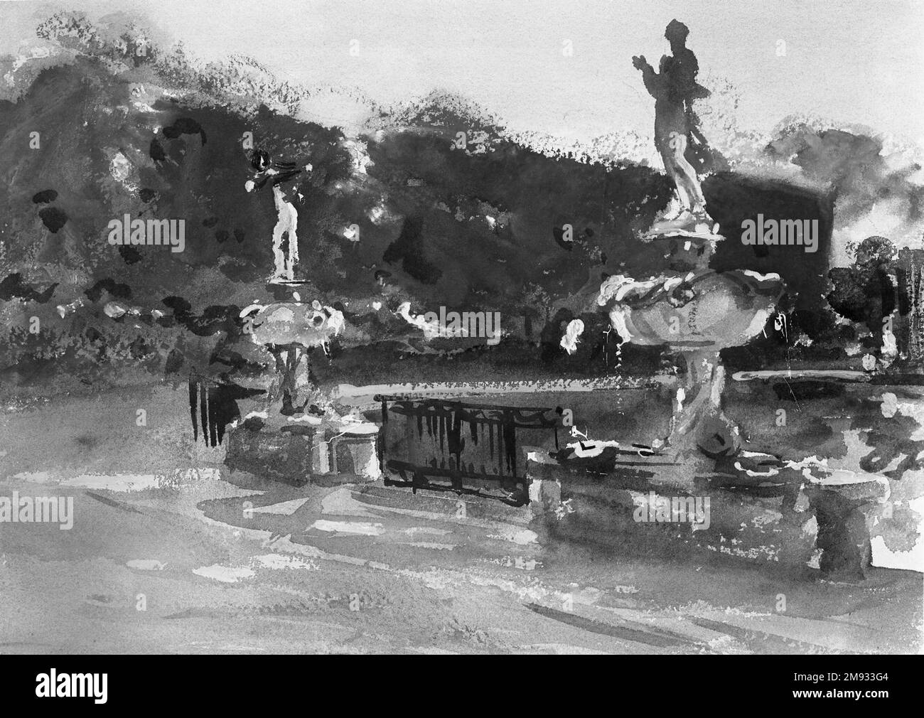 Boboli Gardens John Singer Sargent (Amerikaner, geboren in Italien, 1856-1925). Boboli Gardens, Ca. 1906. Lichtundurchlässige und lichtdurchlässige Aquarelle mit Graphitunterzeichnung, 10 x 14in mm. (25,4 x 35,6cm). Eines der faszinierendsten Merkmale in den Boboli-Gärten ist die Art und Weise, in der Sargent mit Strichen aus weißem Impasto Wasser aus den Brunnen darstellte. Die Aquarelle ist opak gestrichen, wobei die meisten Farben Zinkweiß enthalten. Obwohl es schwer zu erkennen ist, gibt es bei dieser Arbeit eine umfangreiche Graphitunterzeichnung. Die Unterzeichnung des Arms und der Rückseite der Figur am rechten Brunnen nicht Stockfoto