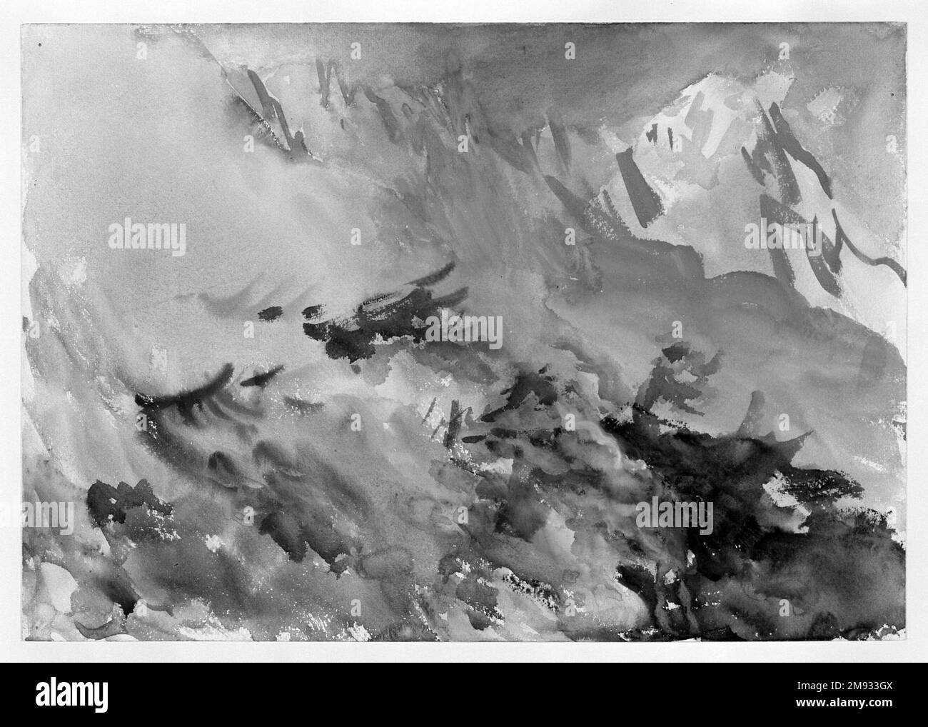 Mountain Fire John Singer Sargent (Amerikaner, geboren in Italien, 1856-1925). Mountain Fire, ca. 1906-1907. Undurchsichtig und durchscheinend, Aquarell, 14 1/16 x 20in mm. (35,7 x 50,8cm). Obwohl Mountain Fire einen weitläufigen Blick auf die Alpen bietet, ist Sargent aufgrund seiner Aufmerksamkeit für die umhüllenden Effekte von Rauch und Dampf einer seiner abstraktesten Aquarelle. Mit dieser Arbeit nahm er eindeutig Abschied von der britischen Aquarelltradition, wie sie Joseph Mallord William Turners alpinen Subjekten eines Jahrhunderts zuvor veranschaulicht hat, in denen tiefe Perspektiven mit transparenten Wäschen artikuliert wurden. Sargent hat Dens hervorgerufen Stockfoto