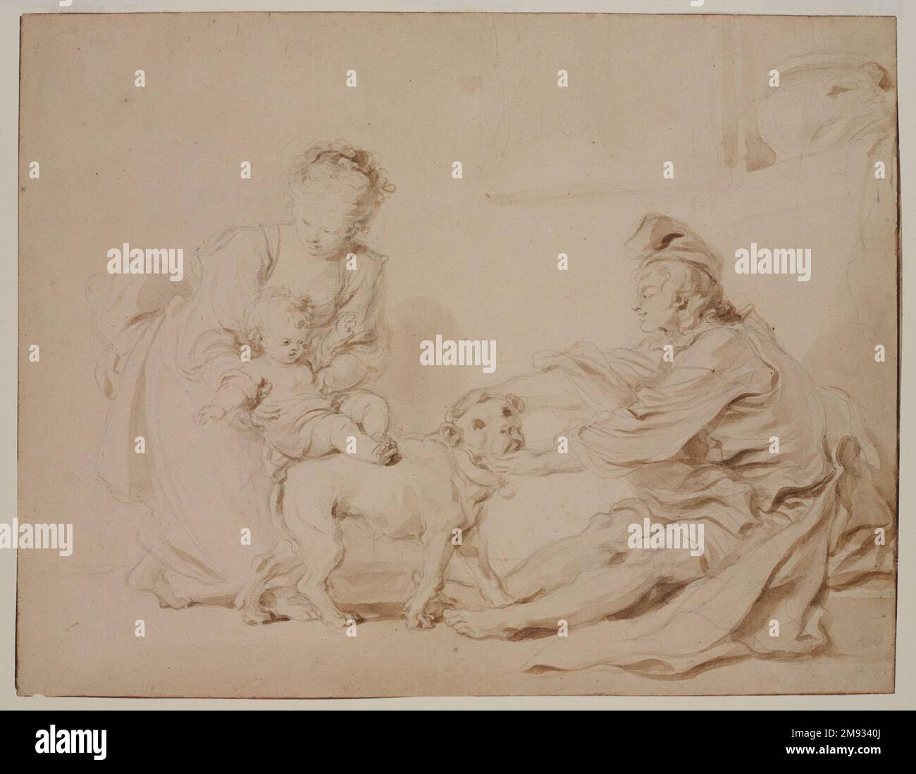 Die erste Reitstunde (La Première Lecalon d'équitation) Jean-Honoré Fragonard (Französisch, 1732-1806). Die erste Reitstunde (La première lecon d'équitation), ca. 1778. Braune Tinte und Graphit auf liegendem Papier, 13 11/16 x 17 3/4 Zoll (34,8 x 45,1 cm). In dieser Szene helfen Eltern und einem geduldigen Hund dabei, das Fahren zu lernen. Ihre sanfte Unterweisung stellt einen auffälligen Kontrast zu dem fahrlässigen und kompromittierten Verhalten der verarmten Eltern inmitten städtischen Elends dar, das William Hogarth in seiner zeitgenössischen Gin Lane in der Nähe darstellte. Jean-Honoré Fragonards bekannteste Werke sind verspielte sc Stockfoto