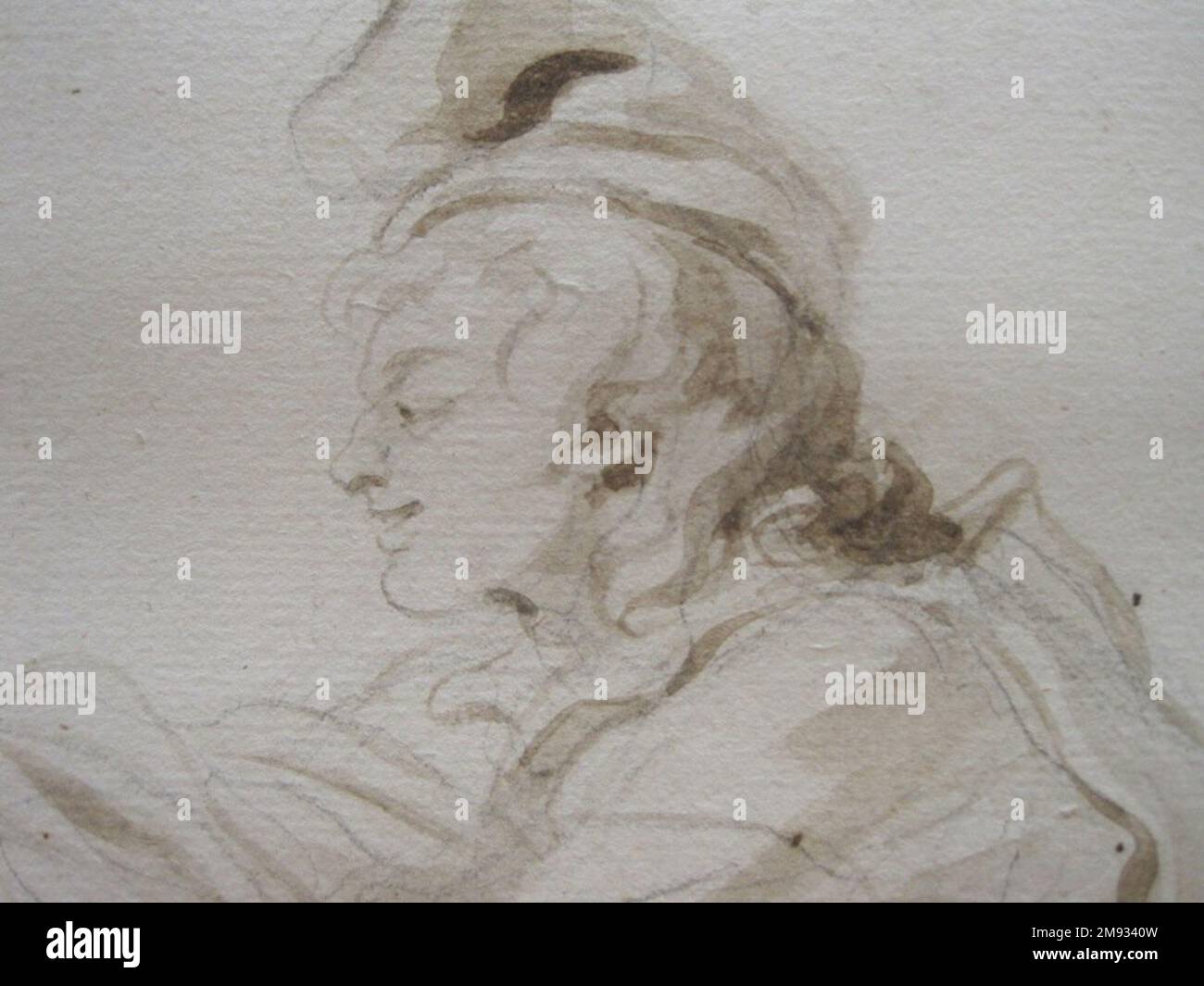 Die erste Reitstunde (La Première Lecalon d'équitation) Jean-Honoré Fragonard (Französisch, 1732-1806). Die erste Reitstunde (La première lecon d'équitation), ca. 1778. Braune Tinte und Graphit auf liegendem Papier, 13 11/16 x 17 3/4 Zoll (34,8 x 45,1 cm). In dieser Szene helfen Eltern und einem geduldigen Hund dabei, das Fahren zu lernen. Ihre sanfte Unterweisung stellt einen auffälligen Kontrast zu dem fahrlässigen und kompromittierten Verhalten der verarmten Eltern inmitten städtischen Elends dar, das William Hogarth in seiner zeitgenössischen Gin Lane in der Nähe darstellte. Jean-Honoré Fragonards bekannteste Werke sind verspielte sc Stockfoto