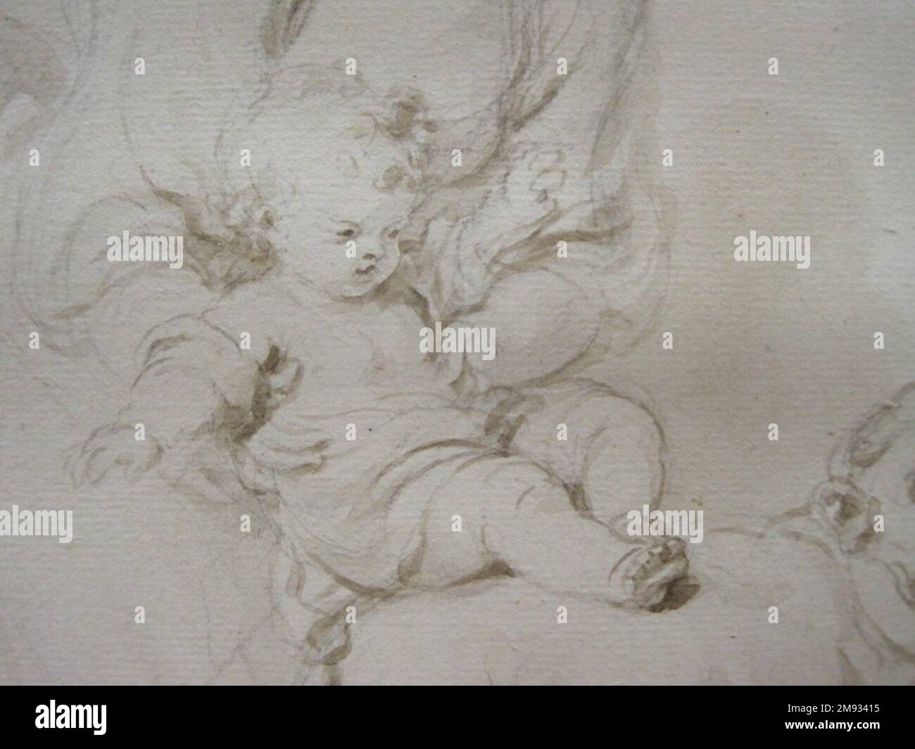 Die erste Reitstunde (La Première Lecalon d'équitation) Jean-Honoré Fragonard (Französisch, 1732-1806). Die erste Reitstunde (La première lecon d'équitation), ca. 1778. Braune Tinte und Graphit auf liegendem Papier, 13 11/16 x 17 3/4 Zoll (34,8 x 45,1 cm). In dieser Szene helfen Eltern und einem geduldigen Hund dabei, das Fahren zu lernen. Ihre sanfte Unterweisung stellt einen auffälligen Kontrast zu dem fahrlässigen und kompromittierten Verhalten der verarmten Eltern inmitten städtischen Elends dar, das William Hogarth in seiner zeitgenössischen Gin Lane in der Nähe darstellte. Jean-Honoré Fragonards bekannteste Werke sind verspielte sc Stockfoto
