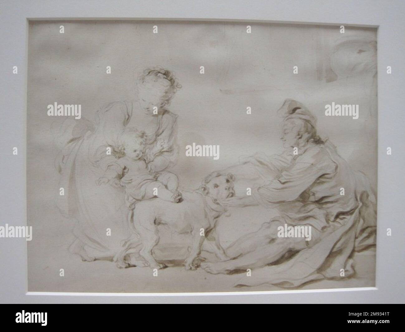 Die erste Reitstunde (La Première Lecalon d'équitation) Jean-Honoré Fragonard (Französisch, 1732-1806). Die erste Reitstunde (La première lecon d'équitation), ca. 1778. Braune Tinte und Graphit auf liegendem Papier, 13 11/16 x 17 3/4 Zoll (34,8 x 45,1 cm). In dieser Szene helfen Eltern und einem geduldigen Hund dabei, das Fahren zu lernen. Ihre sanfte Unterweisung stellt einen auffälligen Kontrast zu dem fahrlässigen und kompromittierten Verhalten der verarmten Eltern inmitten städtischen Elends dar, das William Hogarth in seiner zeitgenössischen Gin Lane in der Nähe darstellte. Jean-Honoré Fragonards bekannteste Werke sind verspielte sc Stockfoto