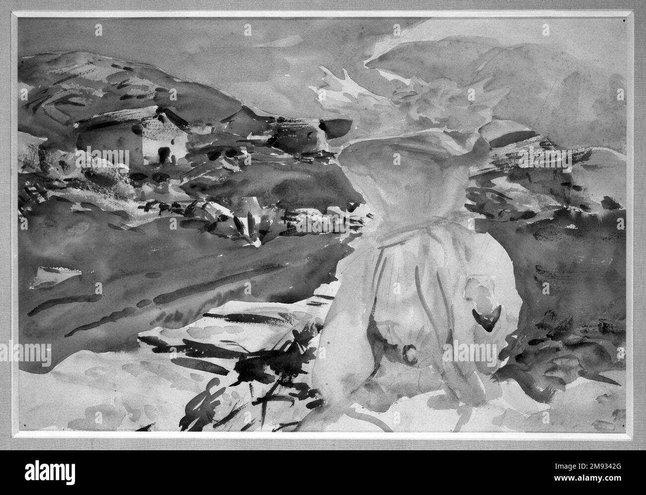 Im Simplon Pass John Singer Sargent (Amerikaner, geboren in Italien, 1856-1925). Im Simplon Pass, 1909. Lichtdurchlässige Aquarelle und undurchsichtige Aquarelle und Wachsbeständigkeit mit Graphitunterzug, Blech: 14 7/16 x 21 3/16 cm (36,7 x 53,8 cm). In The Simplon Pass ist eine spätere Ergänzung zu Brooklyns Sammlung. Teile dieser Aquarelle, insbesondere das Gesicht und der Sonnenschirmschacht, sind unbehandelt. Obwohl Sargent manchmal Gesichter leer ließ, zeigt ein Infrarotbild der Unterzeichnung Gesichtszüge (siehe Bild unten) sowie Details im Sonnenschirm. Amerikanische Kunst 1909 Stockfoto