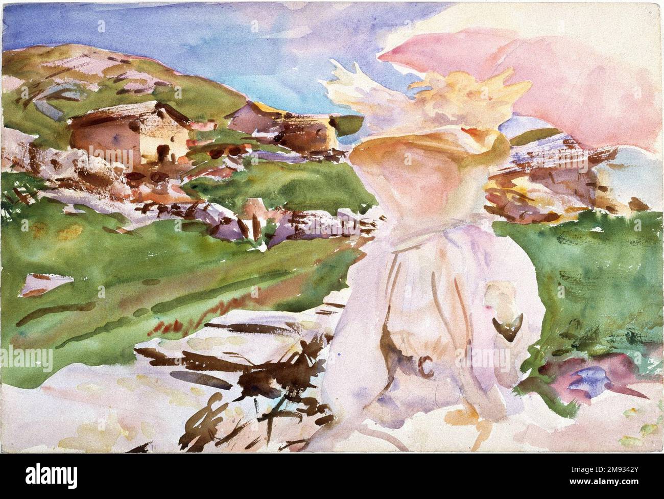 Im Simplon Pass John Singer Sargent (Amerikaner, geboren in Italien, 1856-1925). Im Simplon Pass, 1909. Lichtdurchlässige Aquarelle und undurchsichtige Aquarelle und Wachsbeständigkeit mit Graphitunterzug, Blech: 14 7/16 x 21 3/16 cm (36,7 x 53,8 cm). In The Simplon Pass ist eine spätere Ergänzung zu Brooklyns Sammlung. Teile dieser Aquarelle, insbesondere das Gesicht und der Sonnenschirmschacht, sind unbehandelt. Obwohl Sargent manchmal Gesichter leer ließ, zeigt ein Infrarotbild der Unterzeichnung Gesichtszüge (siehe Bild unten) sowie Details im Sonnenschirm. Amerikanische Kunst 1909 Stockfoto