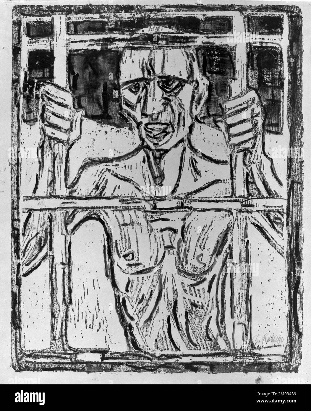 Der Gefangene (Der Gefangene) Christian Rohlfs (Deutscher, 1849-1939). Der Gefangene (Der Gefangene), 1918. Holzschnitt mit Aquarell (handfarbig) auf gewebtem Papier, Bild: 25 x 19 3/4 cm (63,5 x 50,2 cm). Dieser Holzschnitt eines Mannes hinter Gittern, vielleicht ein Kriegsgefangener, wird nach dem Ersten Weltkrieg hergestellt und ruft physische und psychische Traumata hervor. Christian Rohlfs kühne, zerklüftete Linien betonen den ausgemahlenen Körper des Mannes und die Kraft, mit der er die Gitter greift. Rohlfs starb ein Jahr nach der berüchtigten Degenerate Art Ausstellung in München, in der moderne Werke, einschließlich seines eigenen, von den Nazis ausgestellt wurden Stockfoto