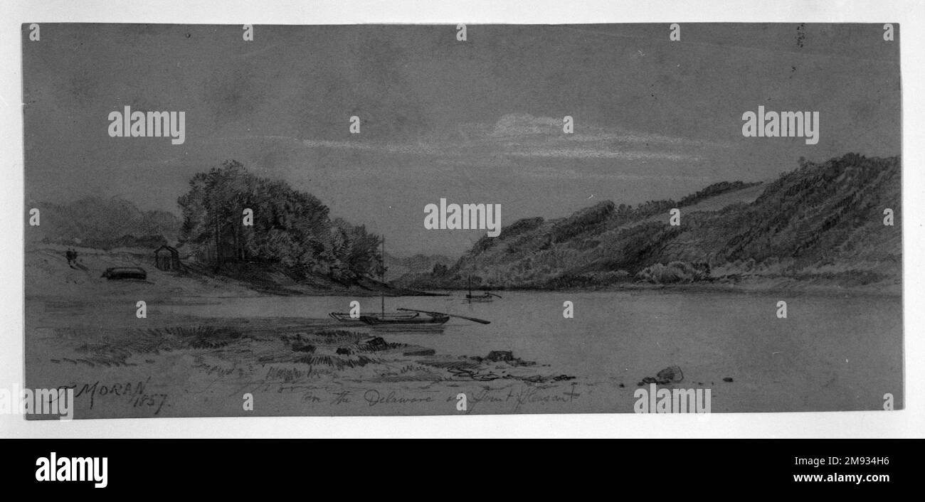 Auf der Delaware am Point Pleasant Thomas Moran (amerikanisch, 1837-1926). Auf der Delaware in Point Pleasant, 1857. Graphit und weiße Kreide auf graubraunem, mitteldickem, leicht strukturiertem gewebtem Papier, Blatt: 3 15/16 x 8 3/4 cm (10 x 22,2 cm). Amerikanische Kunst 1857 Stockfoto