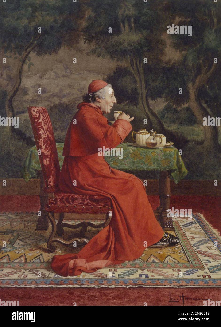 Kardinal Take Tea Léo Herrmann (Französisch, 1853-1927). Kardinal nimmt Tee, n. d. Gouache, Aquarell und Graphit auf gewebtem Papier, Bild: 10 13/16 x 7 7/8 Zoll (27,5 x 20 cm). European Art n.d. Stockfoto