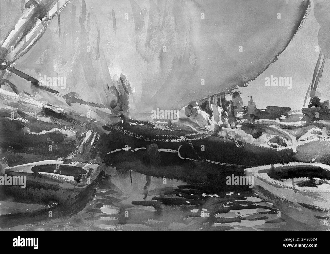 Melon Boats John Singer Sargent (Amerikaner, geboren in Italien, 1856-1925). Melon Boats, ca. 1908. Lichtundurchlässige und lichtdurchlässige Aquarelle mit Graphitunterzeichnung, 14 x 19 15/16 Zoll (35,6 x 50,7 cm). In Melon Boats, sehr wahrscheinlich in Haifa, Palästina (im heutigen Israel), gemalt, hat Sargent die Formen dieser gewöhnlichen Arbeitsschiffe dramatisch gekürzt und lebhafte Farben und helle weiße Akzente verwendet, um die Effekte intensiven Sonnenlichts zu replizieren. Er widmete die obere Hälfte der Komposition einer breiten Segelschwade, auf die er getönte Wäschen schob, um die Filterwirkung des Stoffes zu verdeutlichen. Um mehr zu lernen Stockfoto