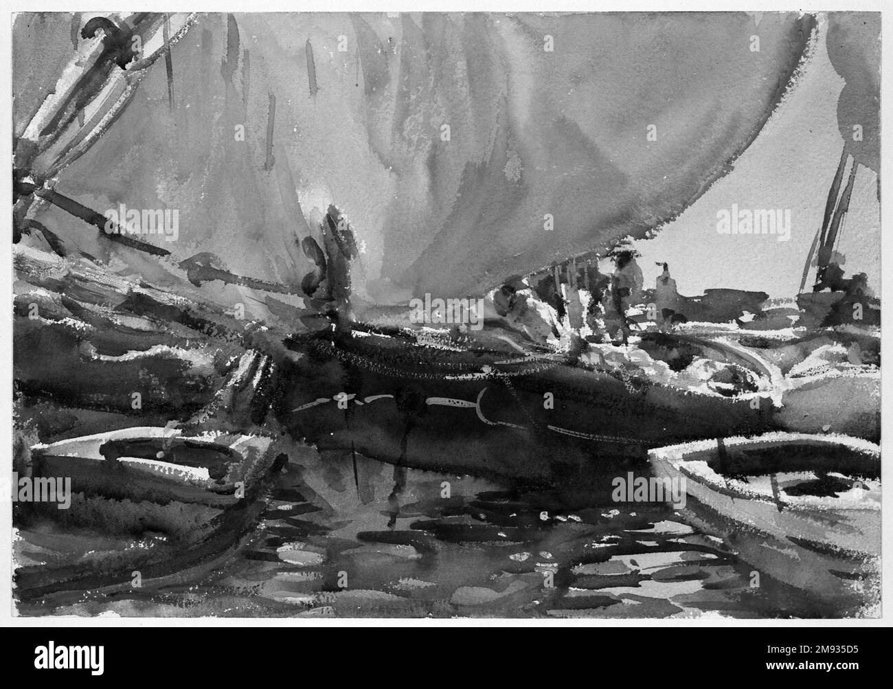 Melon Boats John Singer Sargent (Amerikaner, geboren in Italien, 1856-1925). Melon Boats, ca. 1908. Lichtundurchlässige und lichtdurchlässige Aquarelle mit Graphitunterzeichnung, 14 x 19 15/16 Zoll (35,6 x 50,7 cm). In Melon Boats, sehr wahrscheinlich in Haifa, Palästina (im heutigen Israel), gemalt, hat Sargent die Formen dieser gewöhnlichen Arbeitsschiffe dramatisch gekürzt und lebhafte Farben und helle weiße Akzente verwendet, um die Effekte intensiven Sonnenlichts zu replizieren. Er widmete die obere Hälfte der Komposition einer breiten Segelschwade, auf die er getönte Wäschen schob, um die Filterwirkung des Stoffes zu verdeutlichen. Um mehr zu lernen Stockfoto