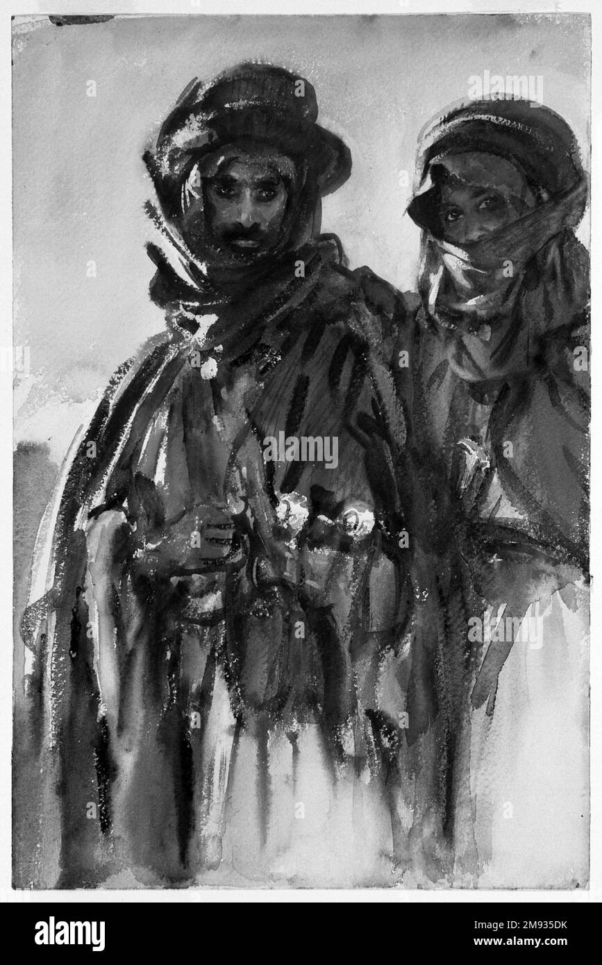 Beduinen John Singer Sargent (Amerikaner, geboren in Italien, 1856-1925). Beduinen, 1905-1906. Undurchsichtig und durchscheinend, Aquarell, 18 x 12in mm. (45,7 x 30,5cm). Sargent betrachtete dieses mächtige Porträt zweier Männer als das Hauptwerk seiner Beduinen-Aquarelle. Seine ersten Kritiker nahmen die ausdrucksstarke Kraft der sorgfältig abgegrenzten Gesichter zur Kenntnis, die durch das Spiel der Höhepunkte des gesättigten Blaus des Kaffiyeh (Kopftuch) ausgelöst wurde. Sargent beschrieb die Figuren anderweitig, einschließlich Details wie das gekrümmte Khanjar (Dolche) im Gürtel der Hauptfigur, mit dem breiten, ausdrucksstarken Handling dieses Chars Stockfoto