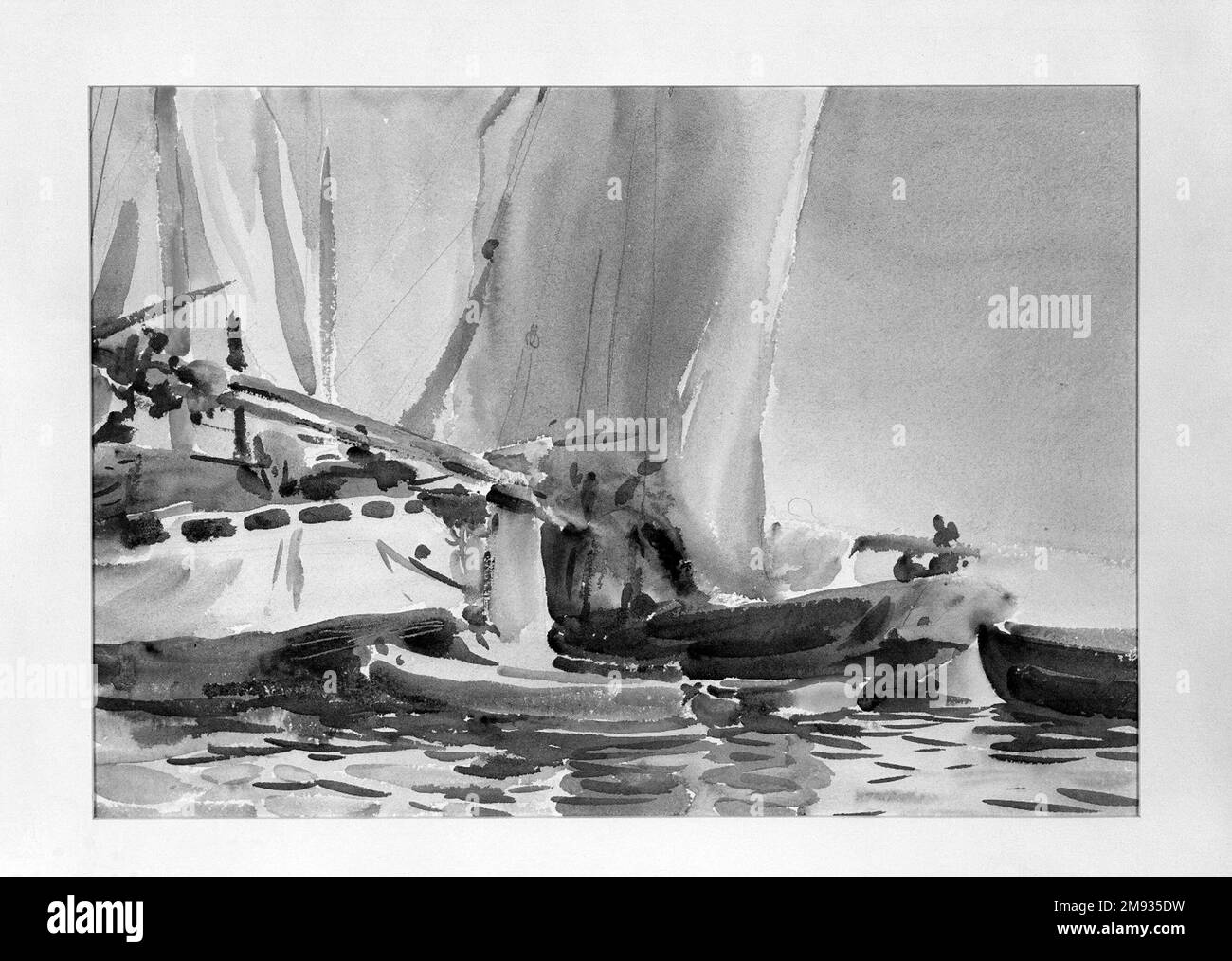 Giudecca John Singer Sargent (Amerikaner, geboren in Italien, 1856-1925). Das Giudecca, Ca. 1904. Lichtdurchlässige Aquarelle und undurchsichtige Aquarelle und Graphit, mit Graphitunterzeichnung, 10 x 14in mm. (25,4 x 35,6cm). Anstatt mehrere Farben zu schichten, wie er es oft in seinen Aquarellen tat, legte Sargent hier fast einzeln und nebeneinander in Farben, wodurch ein impressionistisches Erscheinungsbild geschaffen wurde, besonders im Wasser. Dieses Werk wurde in überwiegend durchsichtigen Waschmitteln und ohne Zusatz von Zinkweißlack lackiert. Sargent benutzte ein Werkzeug, vielleicht das Ende seines Pinsels, um weiße Linien zu kratzen Stockfoto