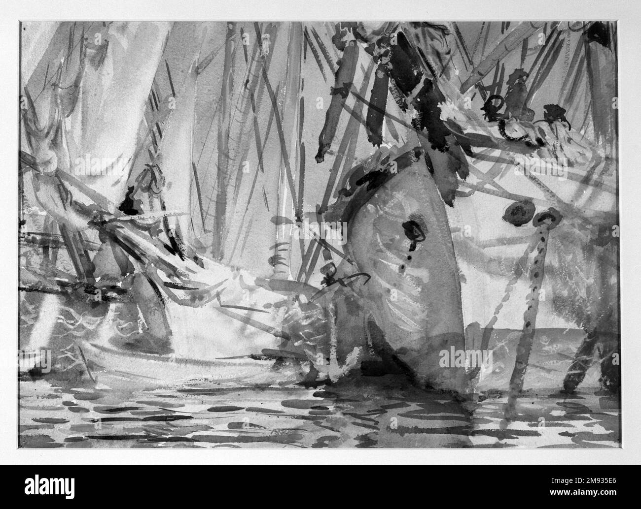 White Ships John Singer Sargent (Amerikaner, geboren in Italien, 1856-1925). Weiße Schiffe, 1908. Lichtdurchlässig und undurchsichtig, wasserfarben und wachsbeständig mit Graphitunterzug, 13 7/8 x 19 3/8 cm (35,2 x 49,2 cm). Bei diesem Werk, einem der neuesten Aquarelle beim Kauf von 1909, verwendete Sargent eine kleine Menge klares Wachs auf der rechten Seite des größeren Bootes, um die blauen Wäschen abzuwehren und Lichter zu erzeugen. Dies ist die einzige Aquarelle der Kollektion aus dem Kauf von 1909, in der Wachsresistenz zu finden ist. Sargent nahm diese Technik später erheblich zu; die meisten in Boston Stockfoto