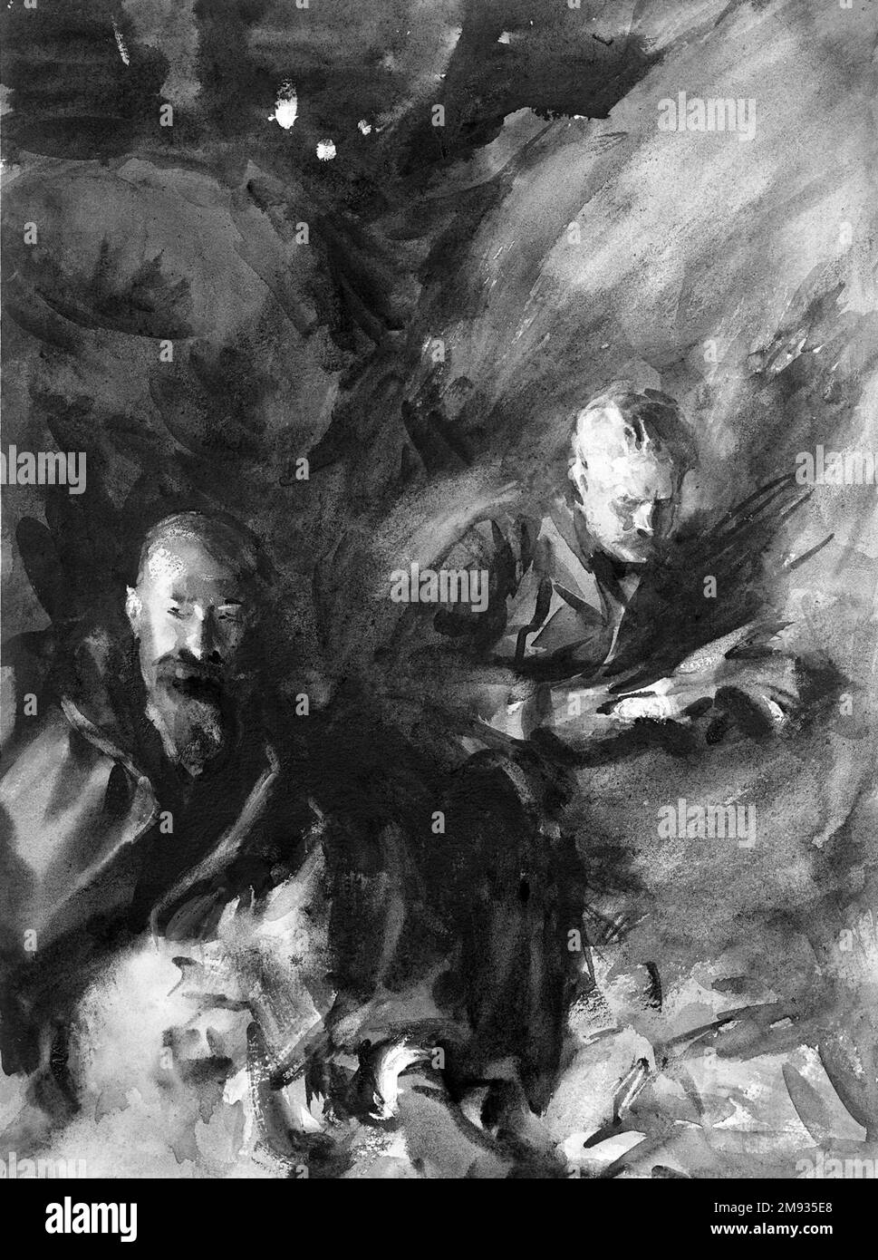 In einem Heuboden John Singer Sargent (Amerikaner, geboren in Italien, 1856-1925). In einem Heuboden, 1904. Lichtdurchlässiges und lichtundurchlässiges Aquarell mit Graphitunterzeichnung, 16 x 12 Zoll (40,6 x 30,5 cm). Die beiden Figuren, die in einem halbbeleuchteten Heuboden eingebettet sind, sind die italienischen Maler Ambrogio Raffele und Carlo Pollonera, deren Kameradschaft Sargent während der Sommermalerei in Purtud in den Jahren 1904 und 1905 genossen hat. Sargent hat ihre Bilder meisterhaft mit den kürzesten Mitteln aufgebaut: Mehrschichtige Gänge mit Waschgängen und selektiv berührte Highlights, die ein begrenztes, rechenbares Licht auf ihren Merkmalen beschreiben. Die Figuren sind kaum Disc Stockfoto