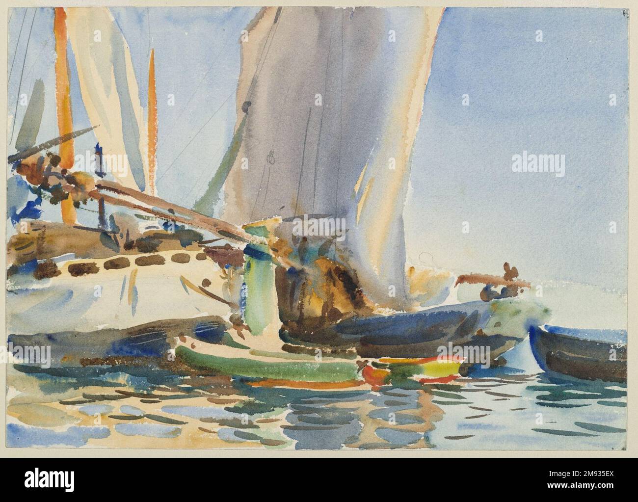 Giudecca John Singer Sargent (Amerikaner, geboren in Italien, 1856-1925). Das Giudecca, Ca. 1904. Lichtdurchlässige Aquarelle und undurchsichtige Aquarelle und Graphit, mit Graphitunterzeichnung, 10 x 14in mm. (25,4 x 35,6cm). Anstatt mehrere Farben zu schichten, wie er es oft in seinen Aquarellen tat, legte Sargent hier fast einzeln und nebeneinander in Farben, wodurch ein impressionistisches Erscheinungsbild geschaffen wurde, besonders im Wasser. Dieses Werk wurde in überwiegend durchsichtigen Waschmitteln und ohne Zusatz von Zinkweißlack lackiert. Sargent benutzte ein Werkzeug, vielleicht das Ende seines Pinsels, um weiße Linien zu kratzen Stockfoto