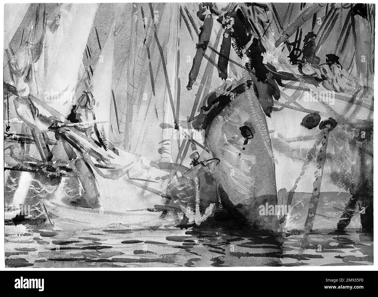 White Ships John Singer Sargent (Amerikaner, geboren in Italien, 1856-1925). Weiße Schiffe, 1908. Lichtdurchlässig und undurchsichtig, wasserfarben und wachsbeständig mit Graphitunterzug, 13 7/8 x 19 3/8 cm (35,2 x 49,2 cm). Bei diesem Werk, einem der neuesten Aquarelle beim Kauf von 1909, verwendete Sargent eine kleine Menge klares Wachs auf der rechten Seite des größeren Bootes, um die blauen Wäschen abzuwehren und Lichter zu erzeugen. Dies ist die einzige Aquarelle der Kollektion aus dem Kauf von 1909, in der Wachsresistenz zu finden ist. Sargent nahm diese Technik später erheblich zu; die meisten in Boston Stockfoto