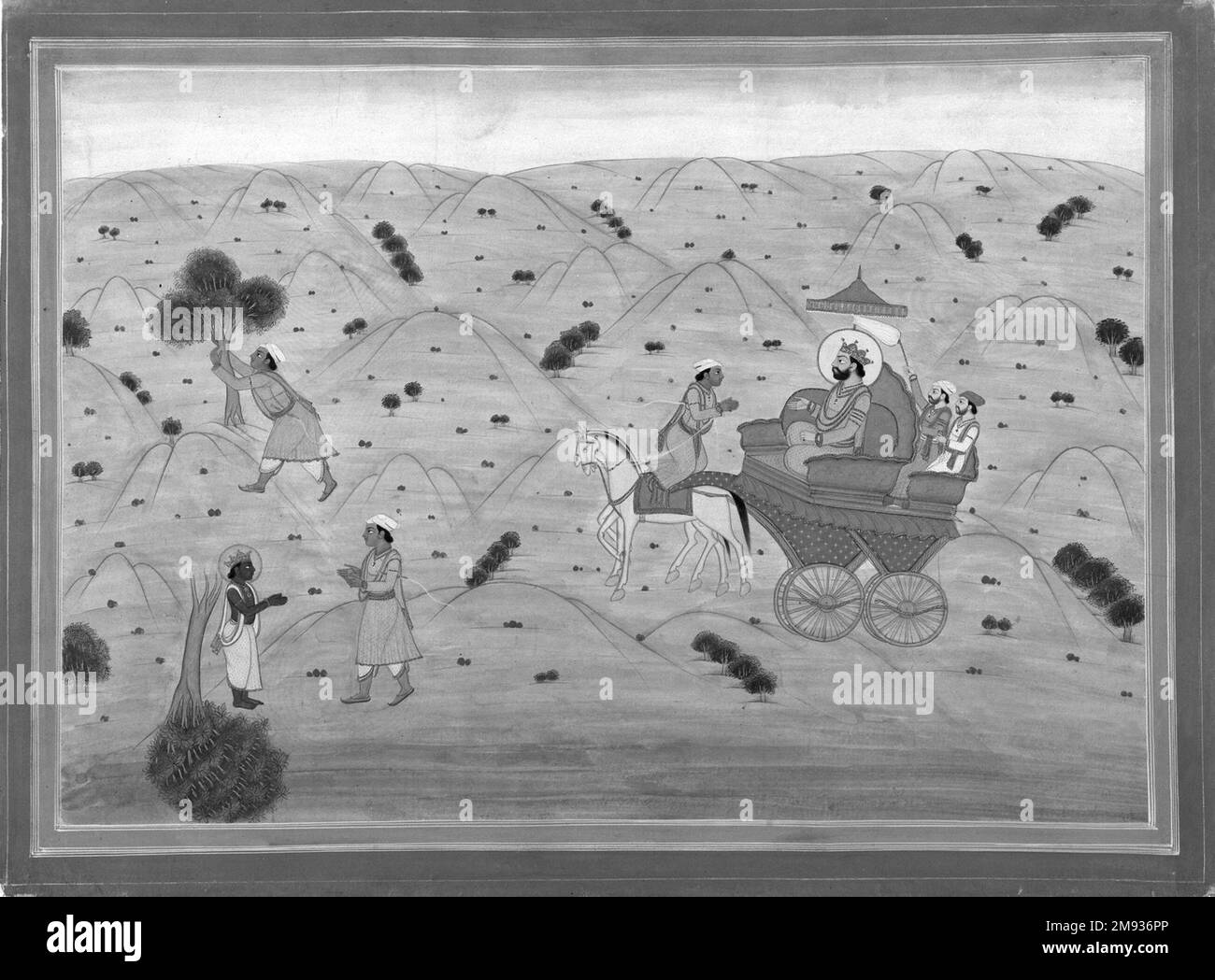 Seite von einer Naishadha-carita von Shri Harsha Series Indianern. Seite von einer Naishadha-carita aus der Shri Harsha Serie, Ca. 1800-1825. Lichtundurchlässige Aquarelle und Gold auf Papier, Blatt: 11 5/8 x 15 5/8 Zoll (29,5 x 39,7 cm). Das Naishadhacharita ist ein episches Gedicht, das die Romantik zwischen dem Helden Nala und seiner Frau Damayanti erzählt. Auf dieser Seite können Episoden aus der Geschichte dargestellt werden, nachdem Nala sein Königreich verloren hat und König Rituparna als Charioteer dienen muss. Der König wird auf einem Pferdewagen mit zwei Betreuern gezeigt (beide proportional kleiner als der König, um seine Bedeutung zu zeigen) und trägt eine Krone (sie) Stockfoto