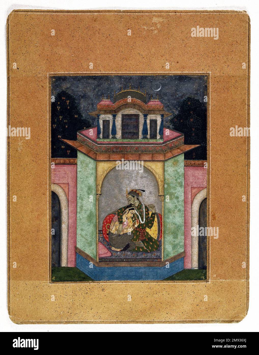 Dipaka Raga, Page aus einer Ragamala-Serie, die Mohammed (Sohn von nur) zugeschrieben wird. Dipaka Raga, Page aus einer Ragamala-Serie, Kalifornien. 1690-1700. Undurchsichtige Aquarelle, Gold und Silber auf Papier, Blatt: 9 7/8 x 7 5/8 Zoll (25,1 x 19,4 cm). Im 15. Oder 16. Jahrhundert entwickelte sich ein neues Malgenre, das versuchte, die Stimmungen berühmter Passagen klassischer Musik in Bildern festzuhalten. Die Musik, auch bekannt als Ragas oder Raginis, inspirierte Künstler dazu, kleine Szenarien zu kreieren – glücklich oder traurig, wild oder ruhig, die tagsüber oder nachts, im Sommer oder Winter stattfinden, und immer wieder über Agai illustriert wurden Stockfoto