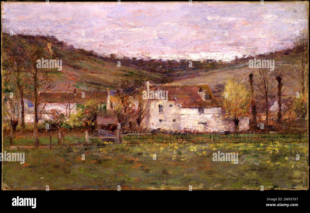 Ein französischer Hamlet Theodore Robinson (Amerikaner, 1852-1896). Ein französischer Hamlet, ca. 1892. Öl auf Leinwand, 15 13/16 x 25 3/4 Zoll (40,2 x 65,4 cm). Amerikanische Kunst ca. 1892 Stockfoto