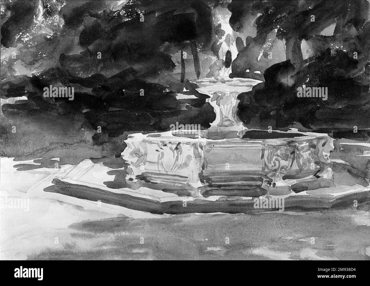 Aranjuez John Singer Sargent (Amerikaner, geboren in Italien, 1856-1925). Aranjuez, Ca. 1903. Lichtdurchlässige und undurchsichtige Aquarelle und Graphit, mit Graphitunterzeichnung, 10 x 14 1/16 Zoll (25,4 x 35,7 cm). Dieses Werk war eine der ersten Aquarelle, in denen Sargent begann, das Zusammenspiel von sorgfältig gerahmten Steingärten und die Umgebungseffekte ihrer grünen Umgebung zu erforschen. Er fand sein Thema im Jardín de la Isla im Königspalast von Aranjuez in der Nähe von Madrid, einem von mehreren alten und vernachlässigten formellen Gärten, die ihn während seiner Besuche in Portugal und Spanien in den Jahren 1902 und 1903 bezaubern. Er hat sich geirrt Stockfoto