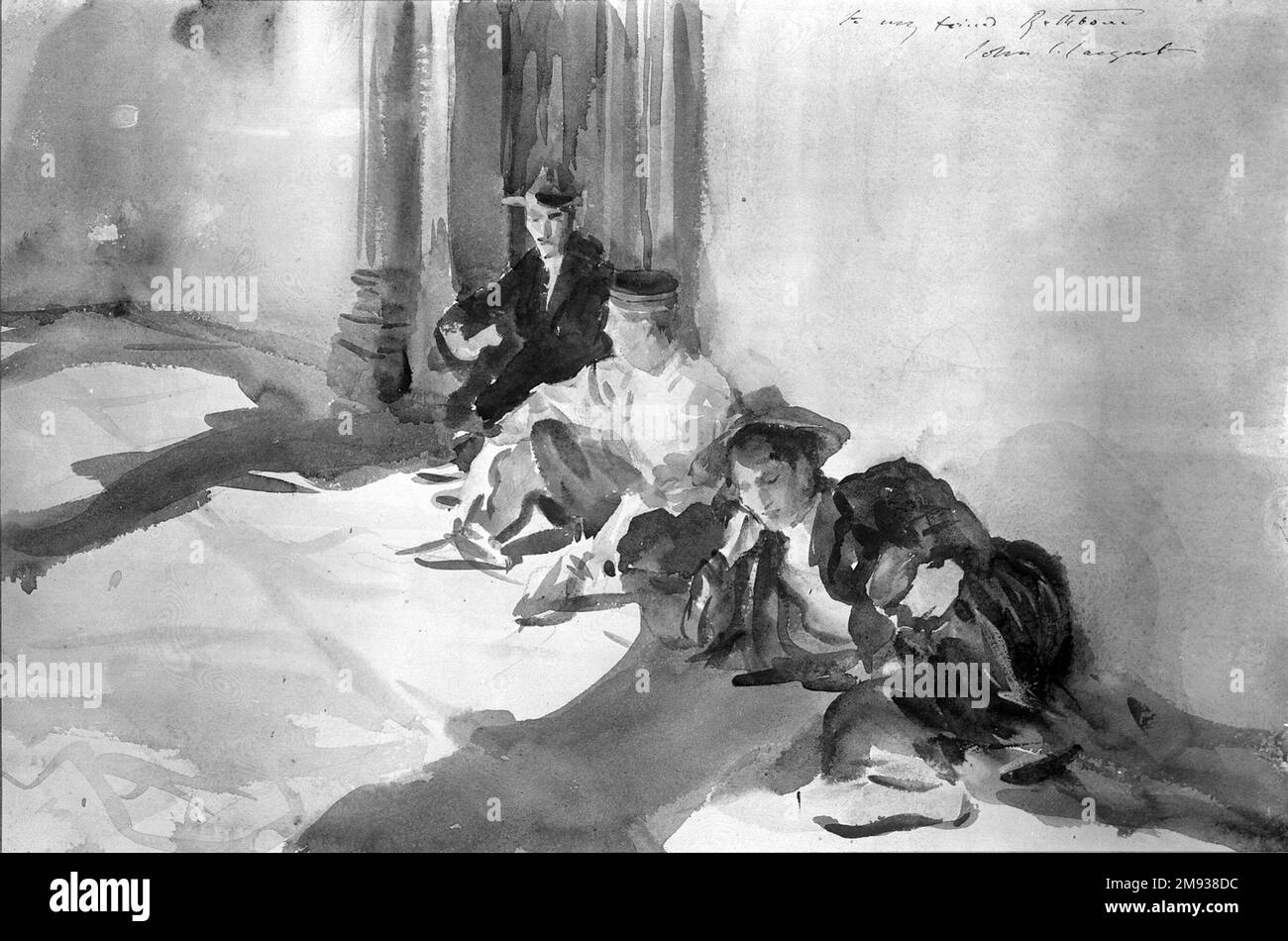 Spanische Soldaten John Singer Sargent (Amerikaner, geboren in Italien, 1856-1925). Spanische Soldaten, ca. 1903. Lichtdurchlässige Aquarelle und undurchsichtige Aquarelle mit Graphitunterzeichnung, 12 x 18 1/16 Zoll (30,5 x 45,8 cm). In diesem Fall blockiert Sargens Unterschicht nur lose Formen wie die Füße der Mittelfigur. Die neigbare Figur auf der rechten Seite kann zunächst entweder aufgerichtet oder weiter nach rechts gezeichnet worden sein, wobei die Graphitmarkierungen auf den Hut der Figur hindeuten. Dies ist eines von drei Aquarellen, die 1909 an die Knoedler Gallery gesendet wurden und die Freunden und Familie gehörten und immer wieder auftauchen sollten Stockfoto