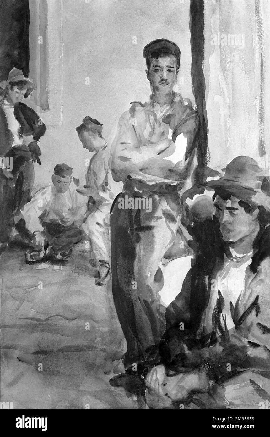 Spanische Soldaten John Singer Sargent (Amerikaner, geboren in Italien, 1856-1925). Spanische Soldaten, ca. 1903. Lichtdurchlässiges und lichtundurchlässiges Aquarell mit Graphitunterzeichnung, 18 1/16 x 12 1/16 Zoll (45,9 x 30,6 cm). Am Ende einer Tour durch Spanien im Jahr 1903 besuchte Sargent den berühmten Wallfahrtsort Santiago de Compostela und malte Aquarelle von spanischen Soldaten, die sich in den sonnenbeleuchteten Innenhöfen des königlichen Krankenhauses aus dem 15. Jahrhundert erholten. Obwohl der Titel dieses Werks auf die Anonymität seiner Themen hindeutet, hat Sargent trotz seiner zusammenfassenden Beschreibung ein spezifisches Bild in der primären Figur vermittelt Stockfoto