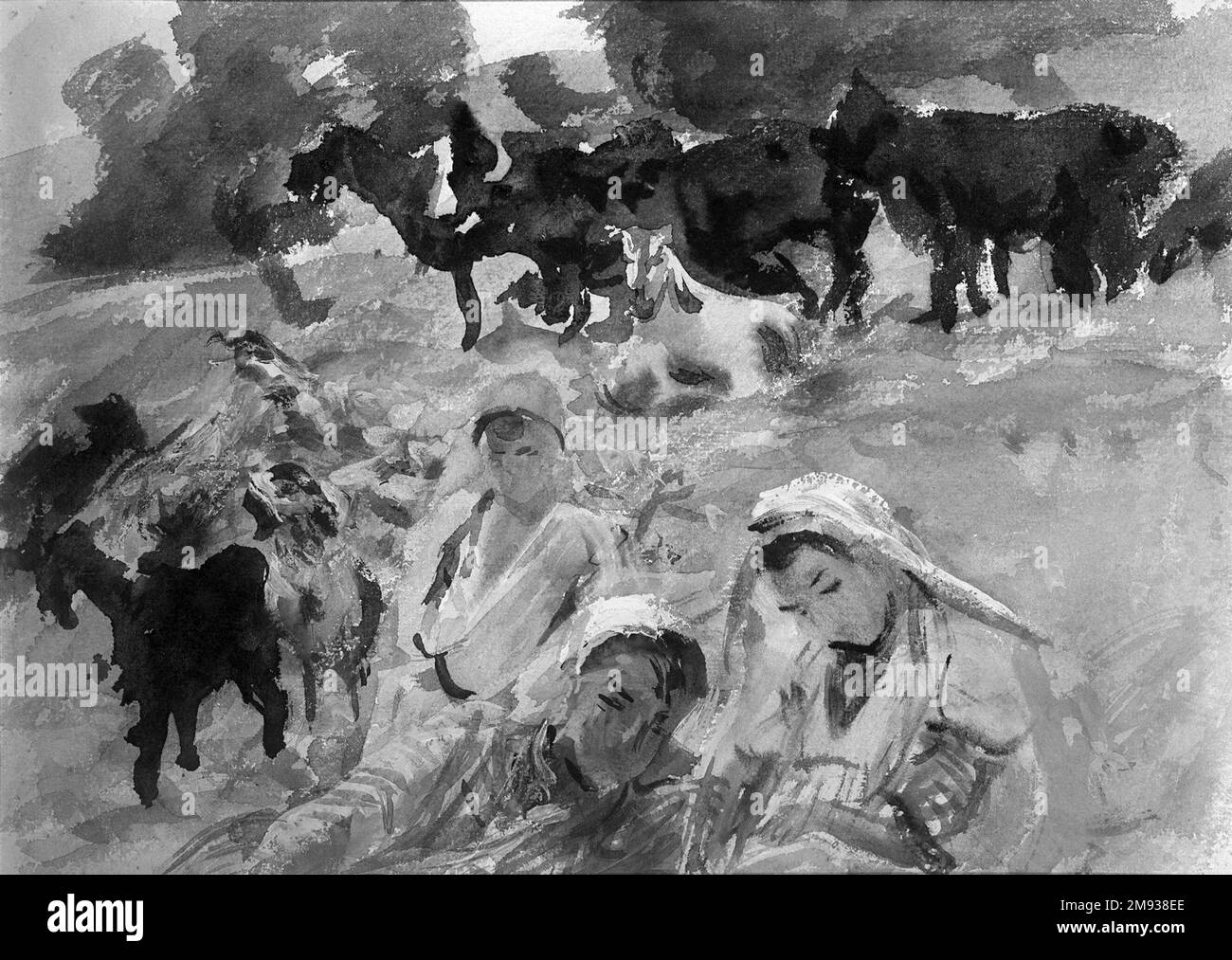 Goatherds John Singer Sargent (Amerikaner, geboren in Italien, 1856-1925). Ziegenhirten, 1905-1906. Lichtundurchlässige und lichtdurchlässige Aquarelle mit Graphitunterzeichnung, 10 x 14 Zoll (25,4 x 35,6 cm). Eingedenk seines Plans, ein Gemälde der Predigt auf dem Berg für den Wandzyklus der Boston Public Library auszuführen, besuchte Sargent die Region des Sees Galiläa in Syrien, wo er Öl- und Wasserfarben-Ausblicke auf den See verarbeitete, Und des nahe gelegenen Mount Tabor und der Ebene von Esdraelon sowie einer Reihe von Figuren, einschließlich Goatherds. Sargent hat diese Werke in einer Palette gerendert, die gleichmäßiger hell ist als das Stockfoto