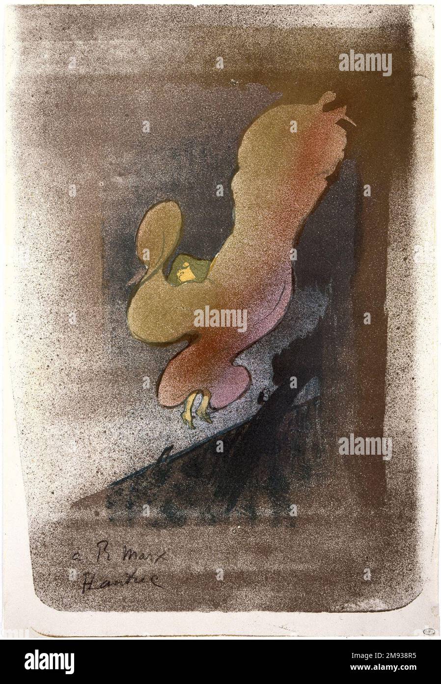 Frau Loie Fuller Henri de Toulouse-Lautrec (Französisch, 1864-1901). Miss Loie Fuller, 1893. Farblithographie auf gewebtem Papier, Blatt: 15 x 10 1/4 Zoll (38,1 x 26 cm). Diese Farblithographie, eine von Henri de Toulouse-Lautrec' abstraktesten und innovativsten Bildern, zeigt die amerikanische Tänzerin Loie Fuller auf der Bühne im Folies-Bergère in Montmartre. Fuller war berühmt für einen faszinierenden Tanz, in dem sie ihr voluminöses Kleid in sich wandelnden bunten Lichtern, umgeben von Spiegeln, wirbelte. Ein Beobachter beschrieb Fuller als ein „wunderbares Traumwesen, das Sie in einer Vision, die sich zwischen ihrem verdorbenen Vei dreht, wie verrückt tanzt Stockfoto