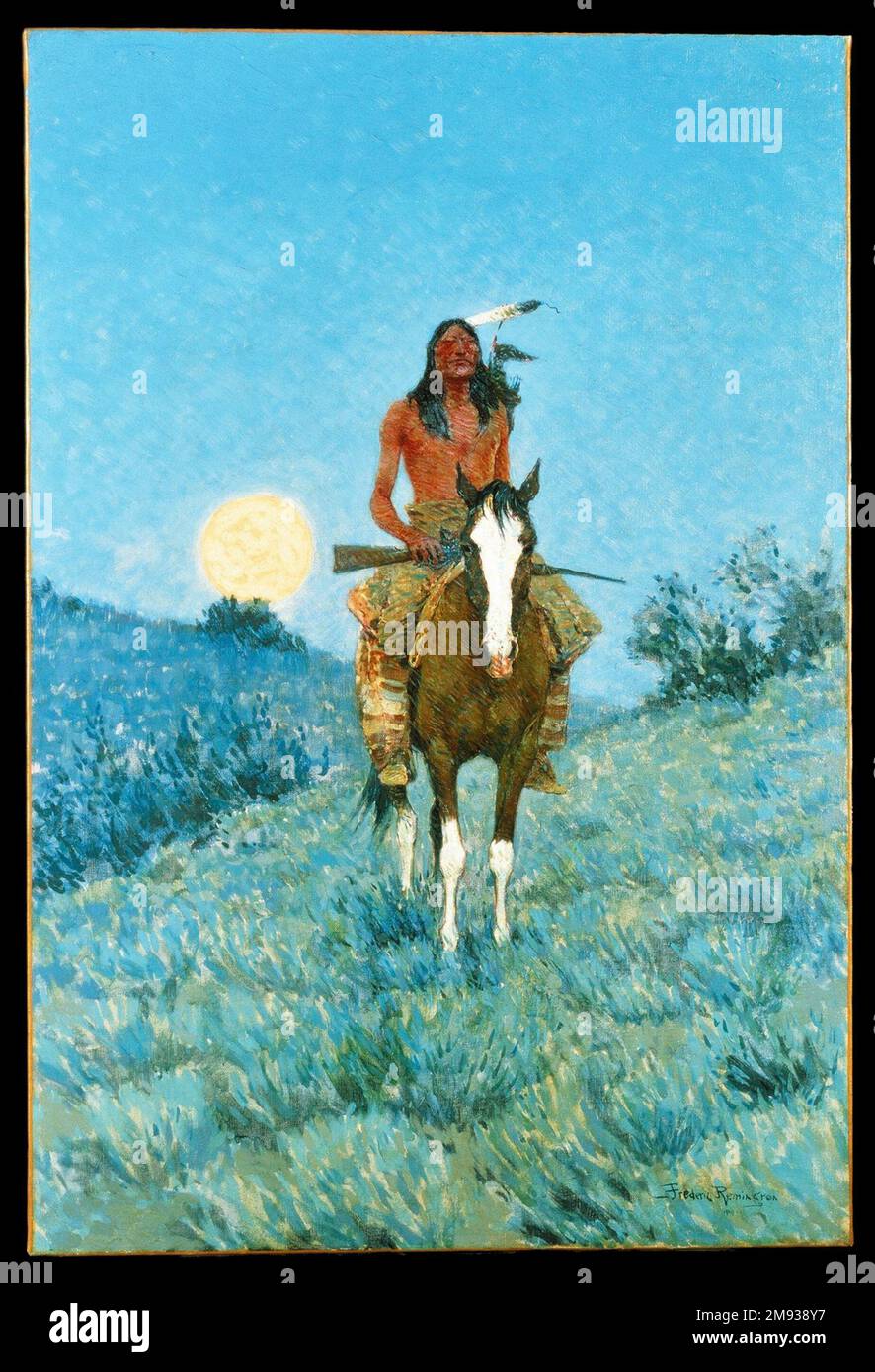 The Outlier Frederic Sackrider Remington (Amerikanisch, 1861-1909). Der Ausreißer, 1909. Öl auf Segeltuch, Rahmen: 51 1/2 x 38 1/2 x 2 Zoll (130,8 x 97,8 x 5,1 cm). In dieser nächtlichen Szene erscheint der Ureinwohner als eine Art einsames Relikt, getrennt von seiner Kultur und zweideutig getrennt von einem bestimmten historischen Moment. Isoliert dargestellt, deutet die Zahl gleichzeitig auf früheren Ruhm und unvermeidbaren Untergang hin, ein Schicksal, das die meisten europäischen Amerikaner zu dieser Zeit für die Indianer als sicher betrachteten. Frederic Sackrider Remington malte viele Versionen des einsamen Ureinwohners Stockfoto