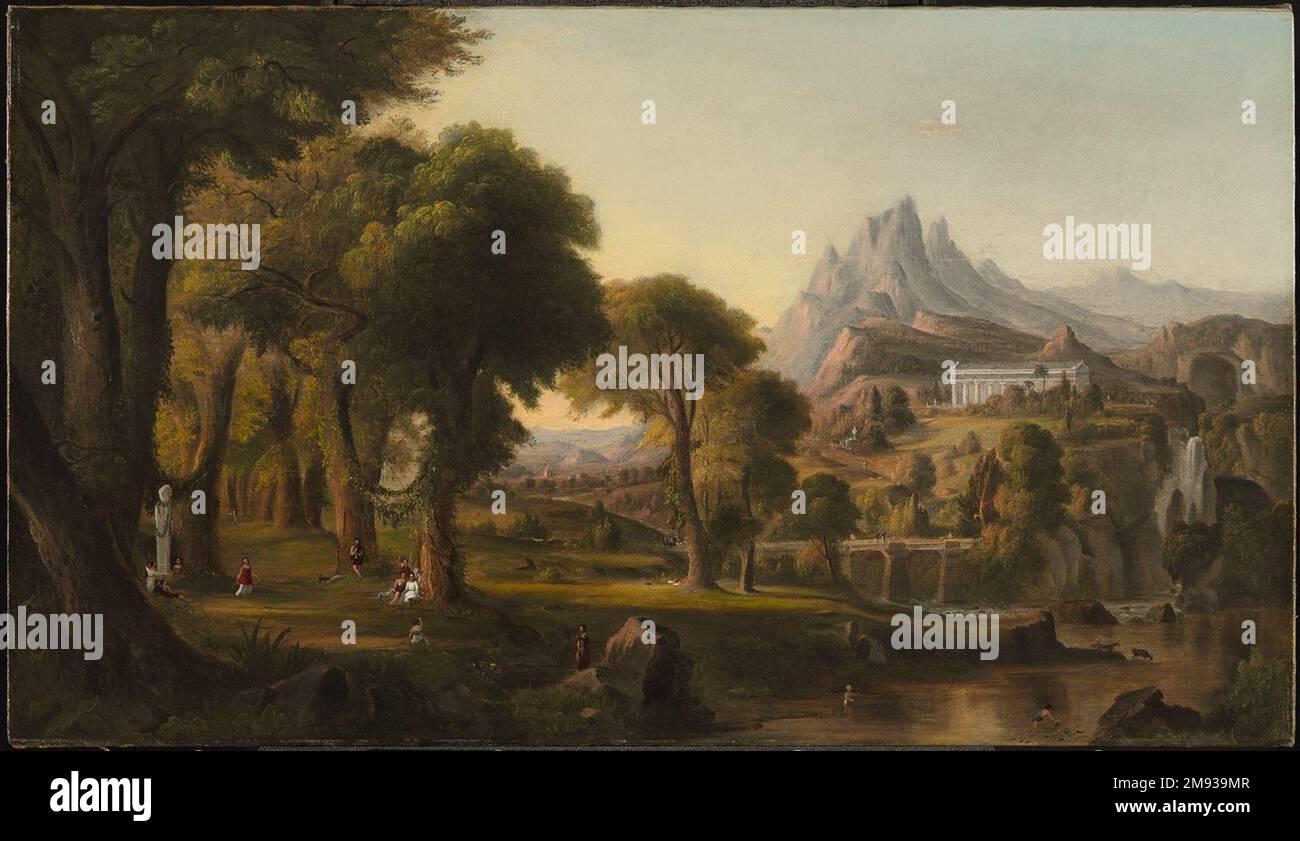 Kopie nach Thomas Coles „Dream of Arcadia“ Robert Seldon Duncanson (amerikanisch, 1821-1872). Kopie nach Thomas Coles „Traum von Arcadia“, 1852. Öl auf Segeltuch, Rahmen: 34 1/8 x 52 x 4 Zoll (86,7 x 132,1 x 10,2 cm). Der afroamerikanische Maler Robert S. Duncanson war ein führender Praktizierender der Hudson River School of Landschaftsmalerei. Dream of Arcadia basiert auf einem 1838 erscheinenden Gemälde des „Gründervaters“ der Schule, Thomas Cole. Er verkörpert den Stil in seinen naturalistischen Details und seiner romantisierten Vision der Natur als Symbol für Amerikas nationales Schicksal. Sein Thema – das klassische Paradies von Arca Stockfoto