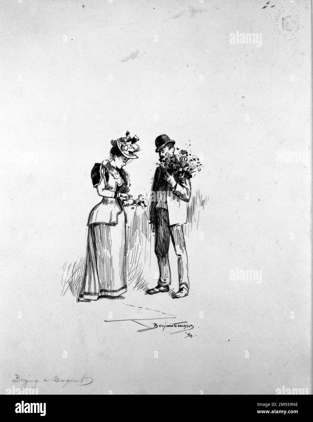 „Buying a Bouquet“ Benjamin Osro Eggleston (amerikanisch, 1867-1937). 1894. Stift und Tinte auf Papier, Blatt: 9 3/8 x 7 1/2 Zoll (23,8 x 19,1 cm). Amerikanische Kunst 1894 Stockfoto
